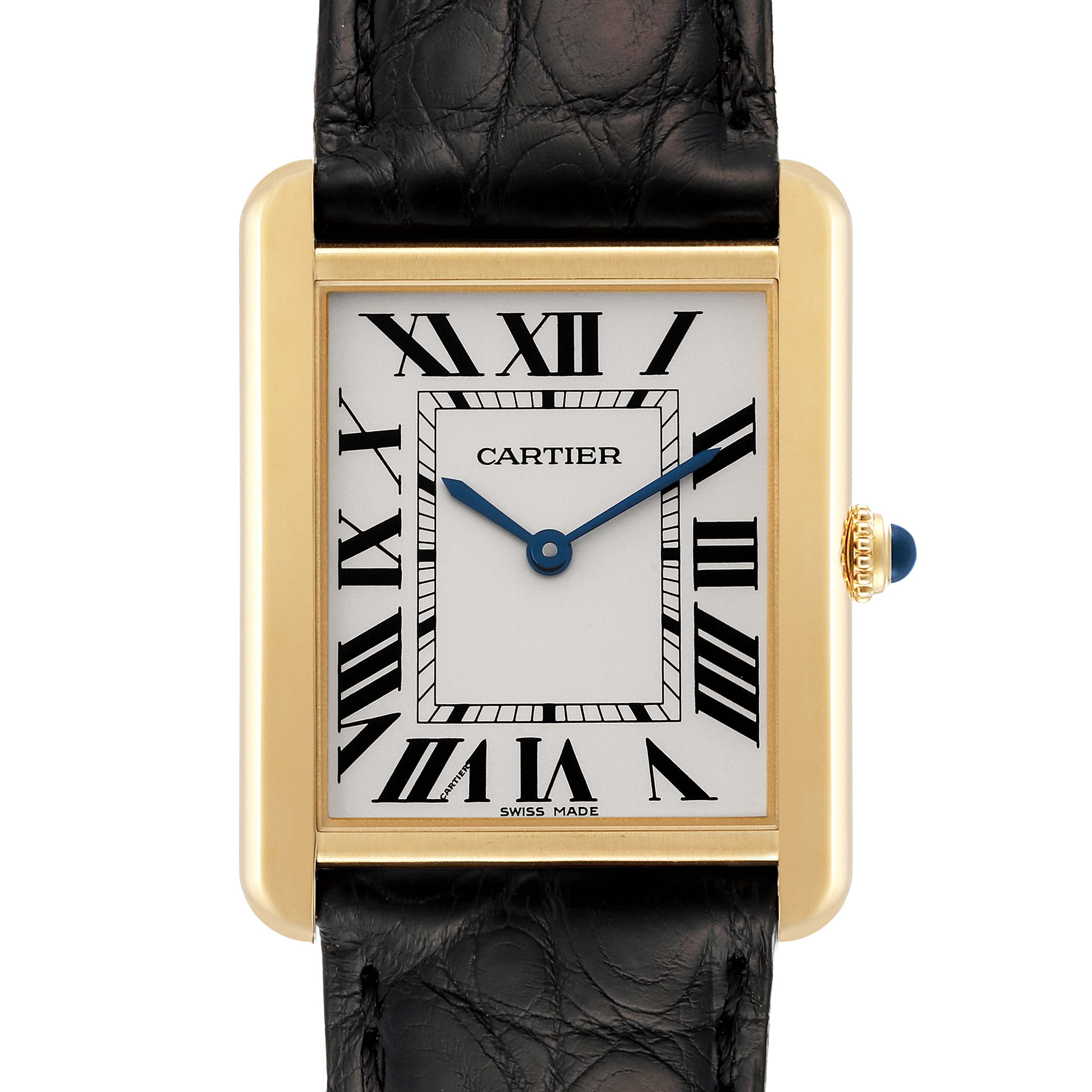 The image shows a front view of the Cartier Tank Solo W5200004 Men
s Yellow Gold Silver Dial W5200004 Men
s Yellow Gold Silver Dial watch, highlighting its rectangular dial with Roman numerals and black leather strap.