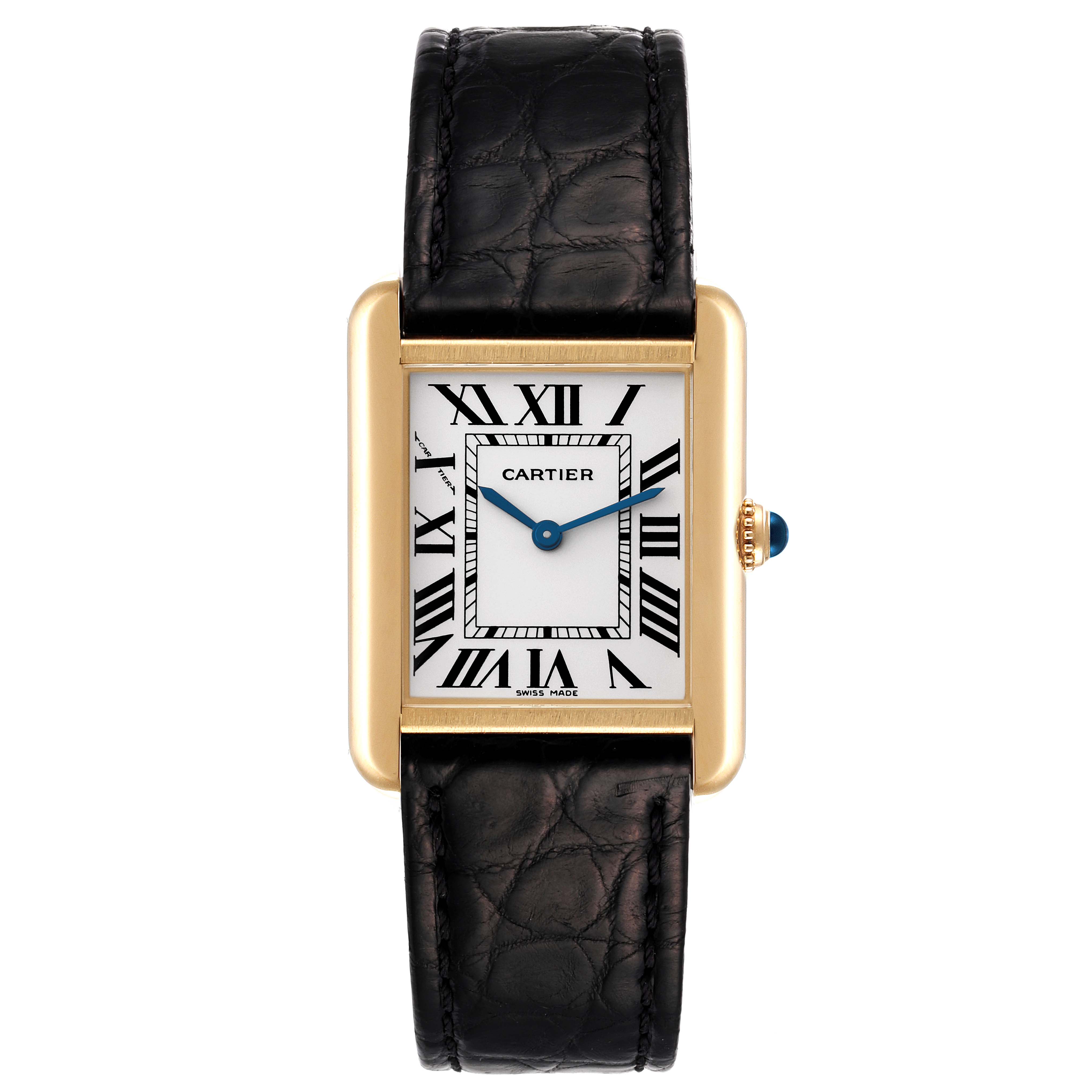 The image shows a Cartier Tank Solo W1018755 Women's Yellow Gold Silver Dial W1018755 Women's Yellow Gold Silver Dial watch, featuring a rectangular dial with Roman numerals, gold bezel, and black leather strap.