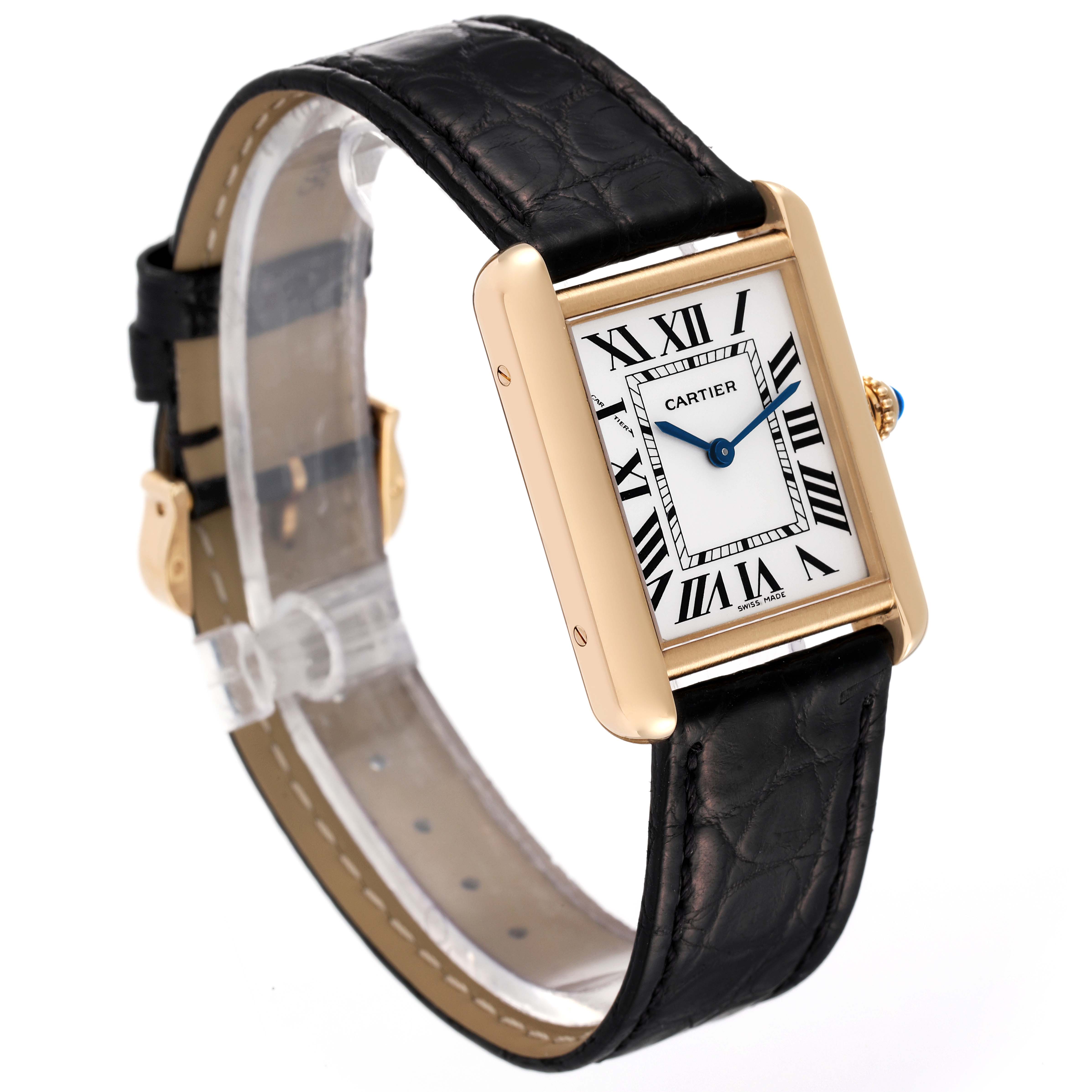 This Cartier Tank Solo W1018755 Women's Yellow Gold Silver Dial W1018755 Women's Yellow Gold Silver Dial watch is shown at an angled view highlighting its rectangular face, leather strap, and clasp.
