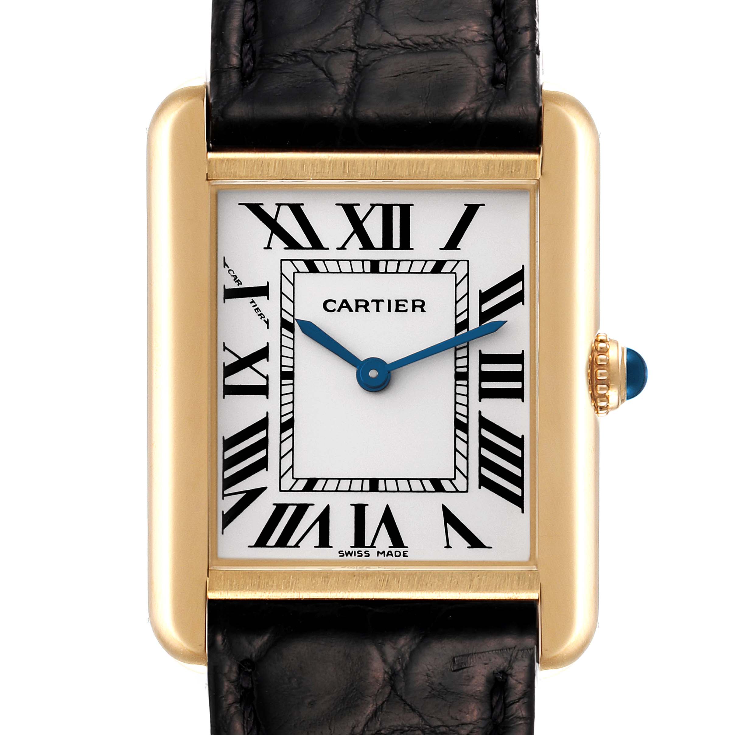 The image shows a close-up of the Cartier Tank Solo W1018755 Women's Yellow Gold Silver Dial W1018755 Women's Yellow Gold Silver Dial watch face with Roman numerals and blue hands, set in a gold case with a black leather strap.