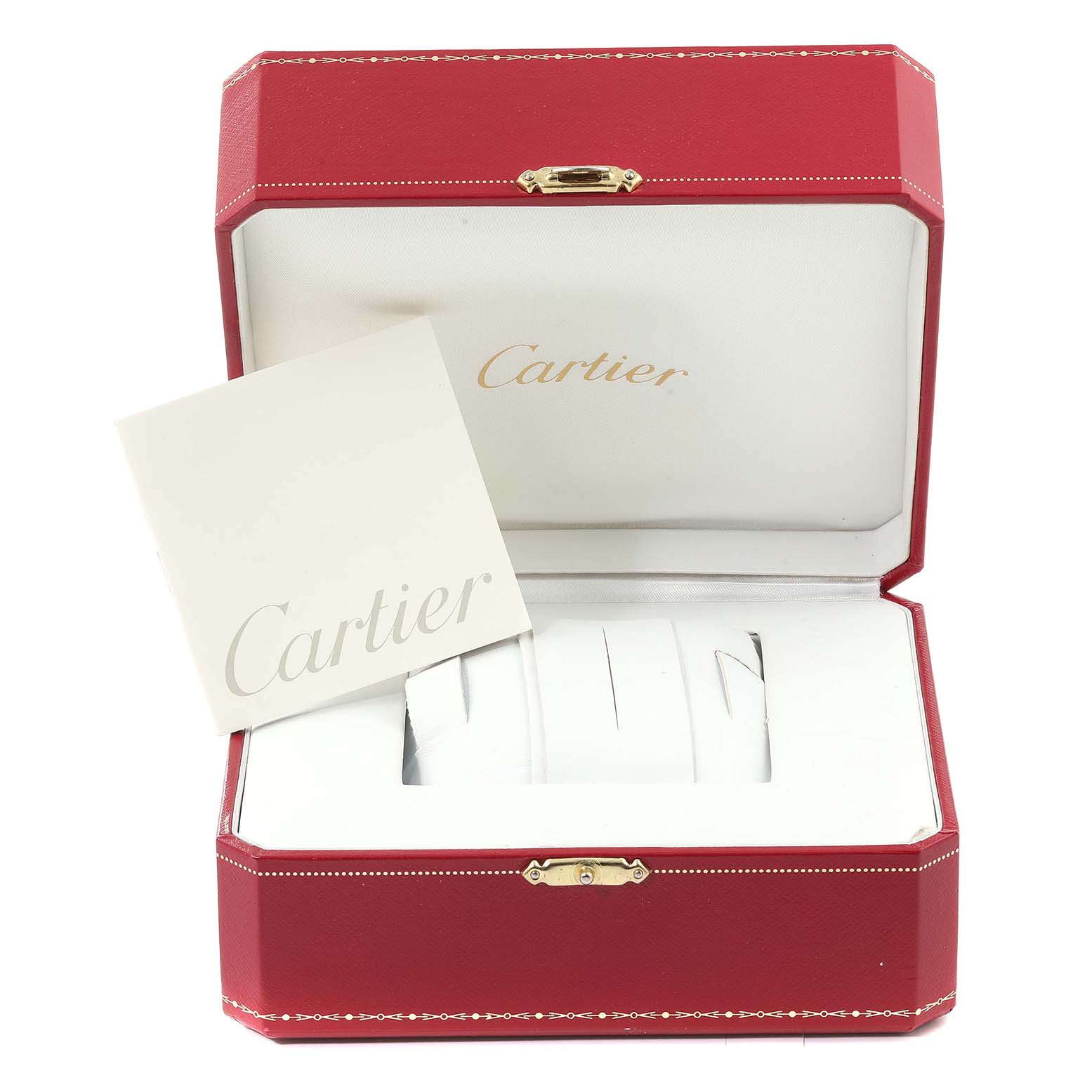 The image shows the open box and packaging for a Cartier Tank Solo W1018755 Women's Yellow Gold Silver Dial W1018755 Women's Yellow Gold Silver Dial watch, including a manual or booklet.