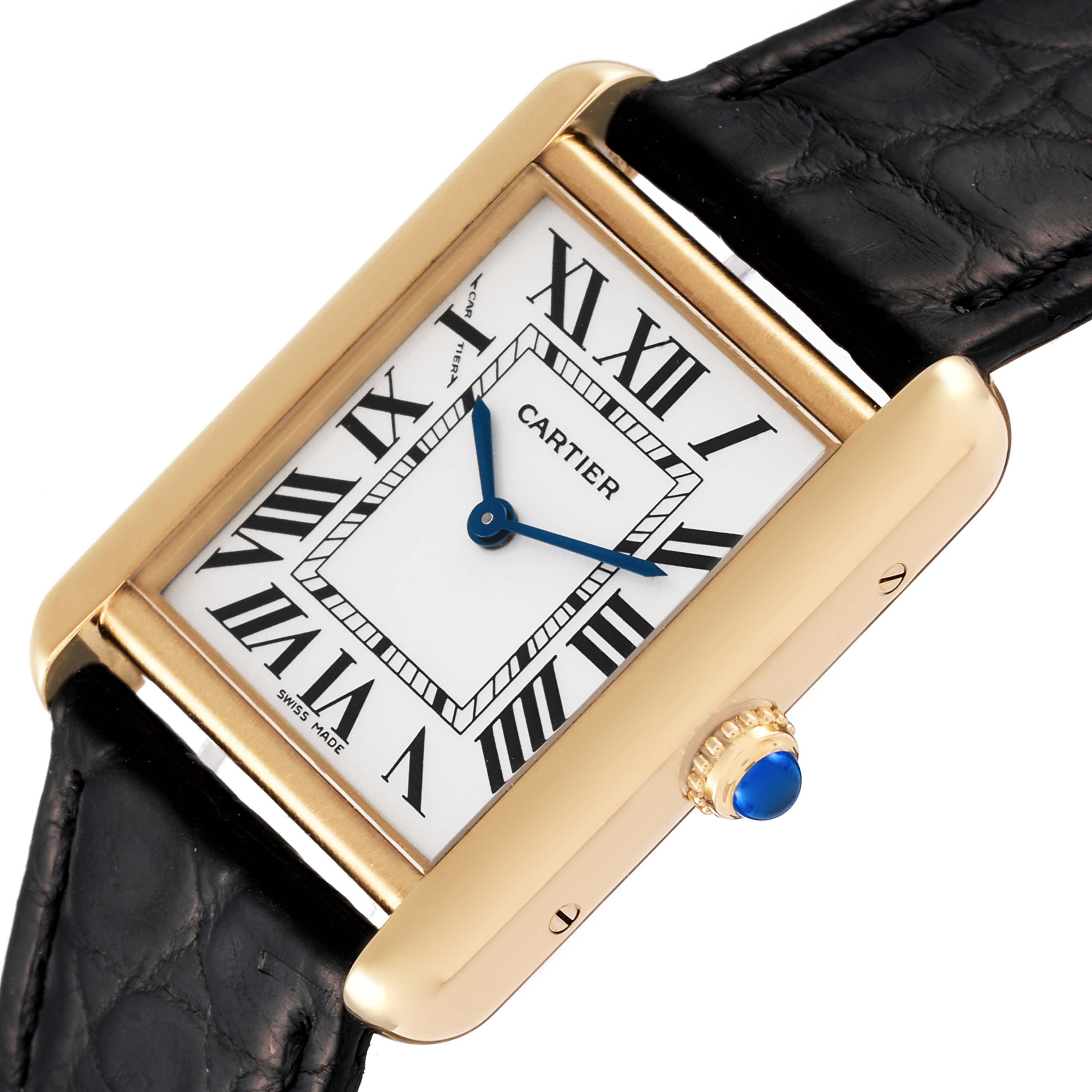 The image shows a close-up view of the Cartier Tank Solo W1018755 Women's Yellow Gold Silver Dial W1018755 Women's Yellow Gold Silver Dial watch face, crown, and strap at an oblique angle.