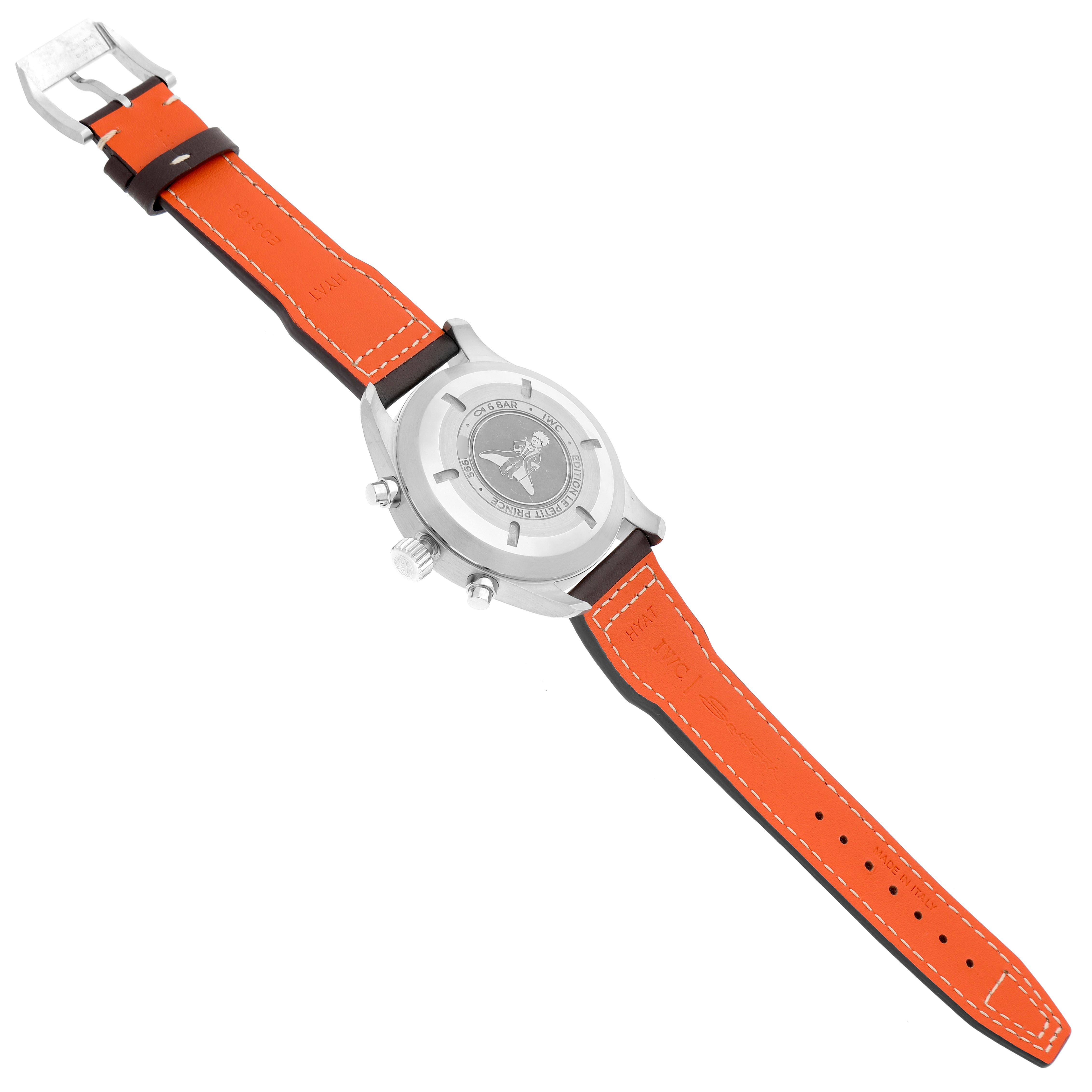 The image shows the back and side view of the IWC Pilot IW377714 Men's Stainless Steel Blue Dial watch, highlighting its orange strap and case back.