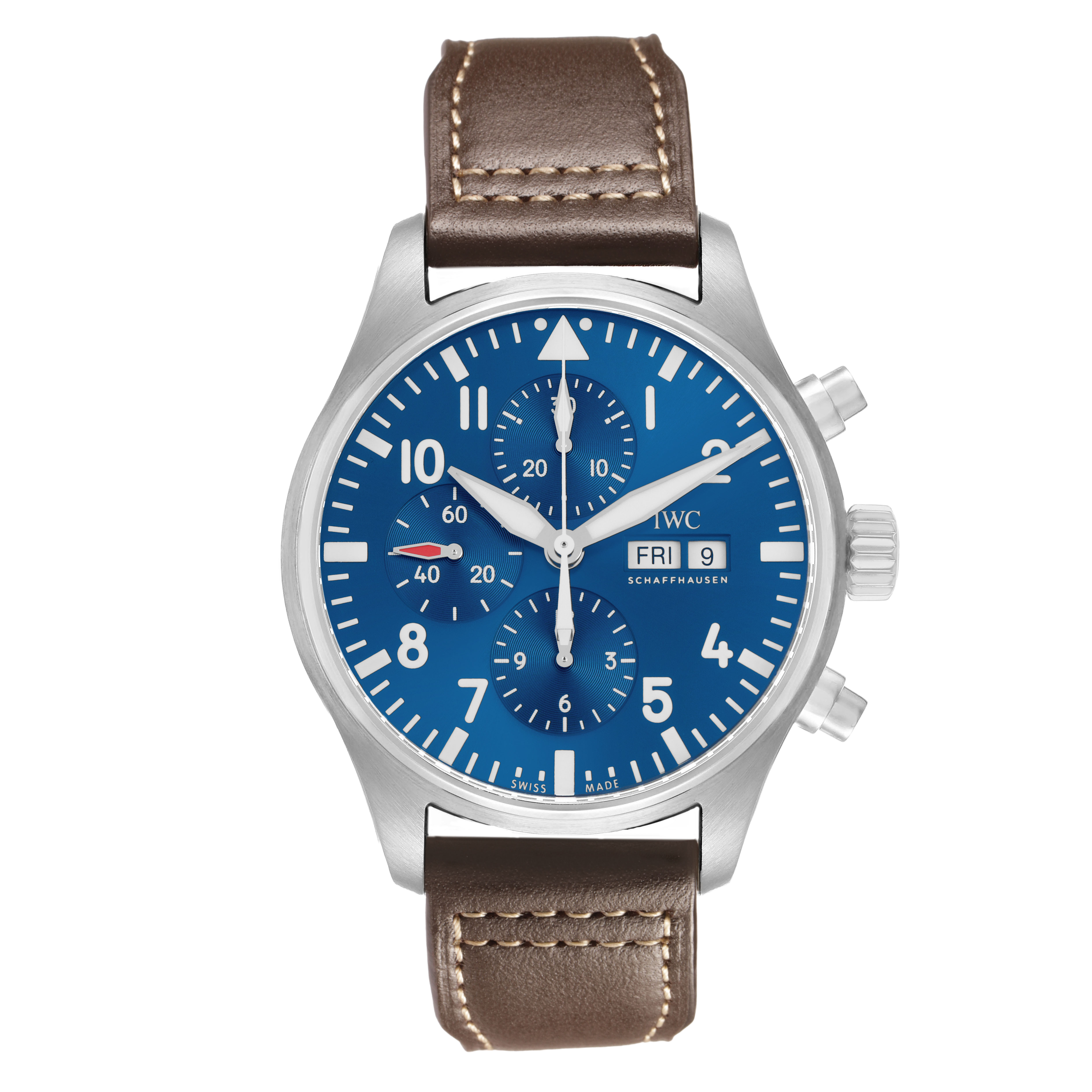 The IWC Pilot IW377714 Men's Stainless Steel Blue Dial model watch is shown from a frontal angle, displaying its blue dial, chronograph subdials, and brown leather strap.
