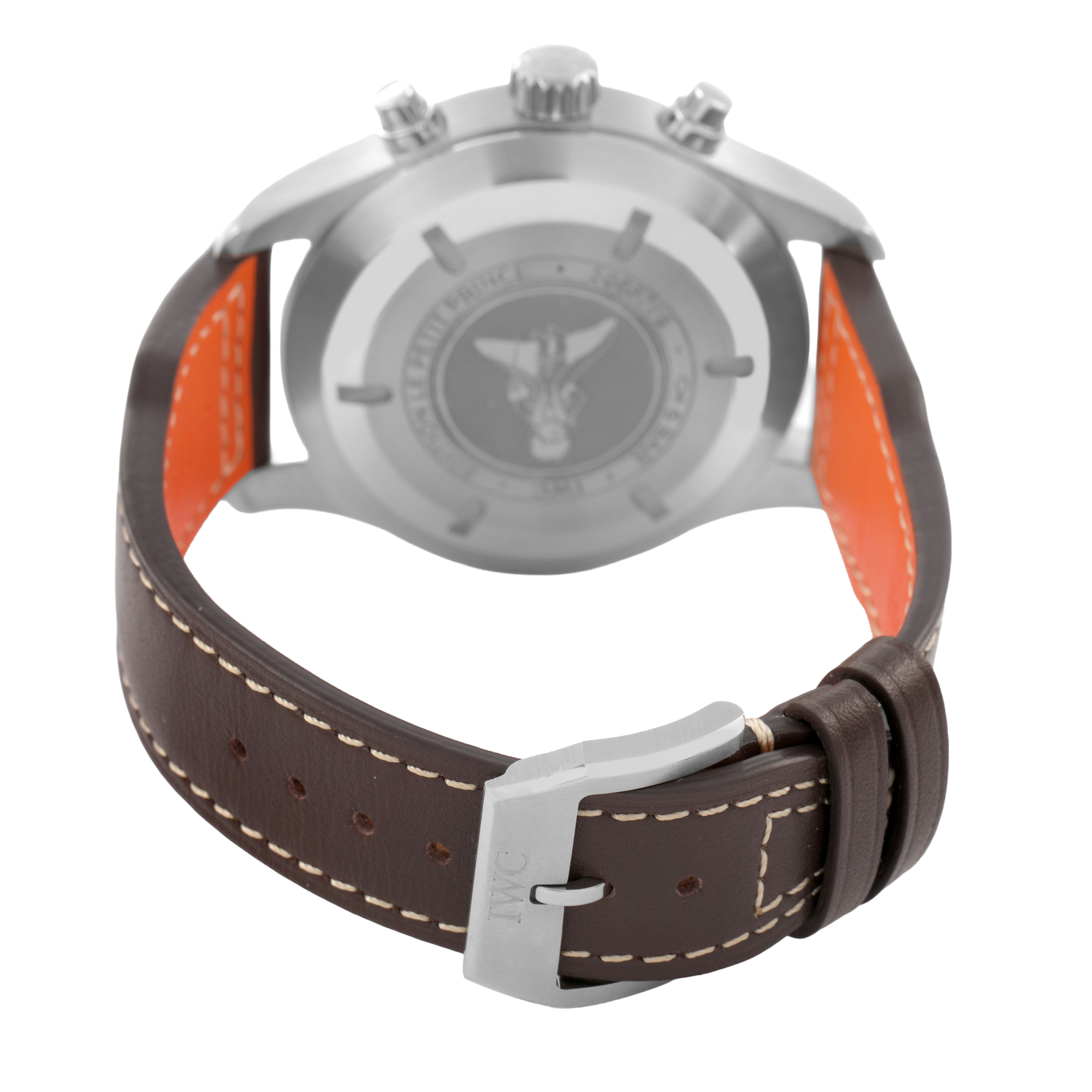 The image shows the back view of an IWC Pilot IW377714 Men's Stainless Steel Blue Dial watch, highlighting the brown leather strap with orange lining and a clasp.