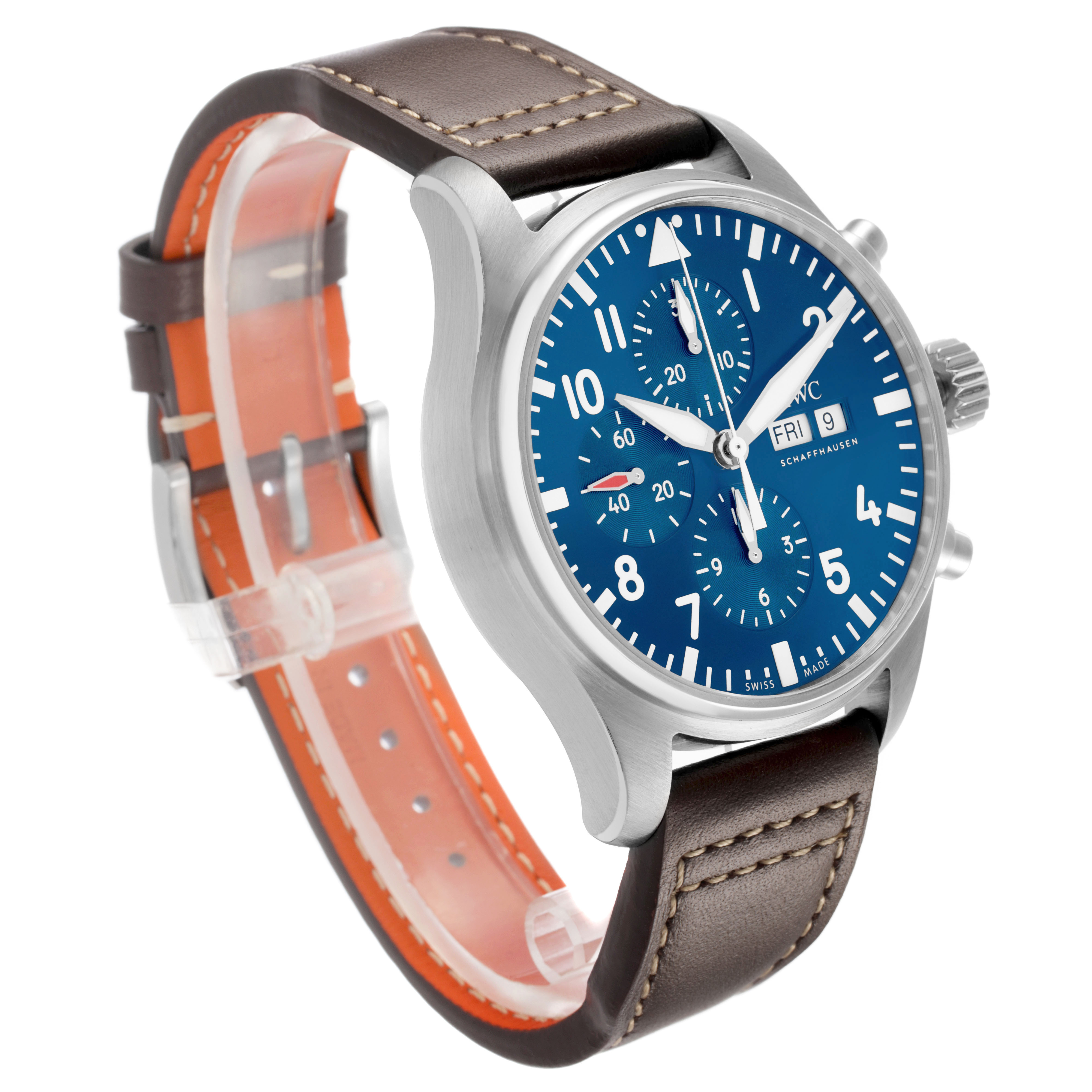 The IWC Pilot IW377714 Men's Stainless Steel Blue Dial watch is shown at a three-quarter angle, highlighting its blue face, chronograph dials, and brown leather strap.