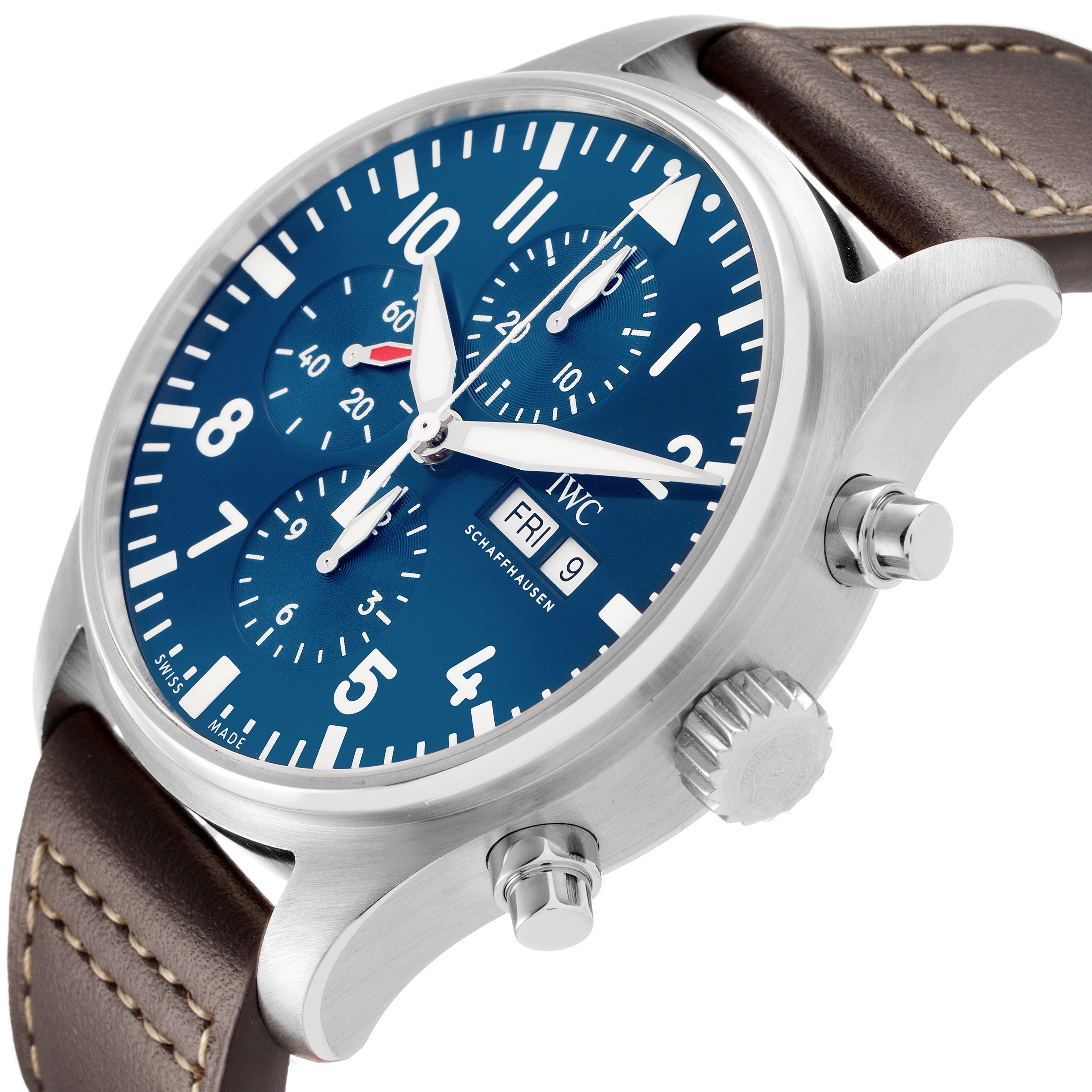 The IWC Pilot IW377714 Men's Stainless Steel Blue Dial watch is shown at a three-quarter angle, displaying the dial, crown, buttons, and part of the leather strap.