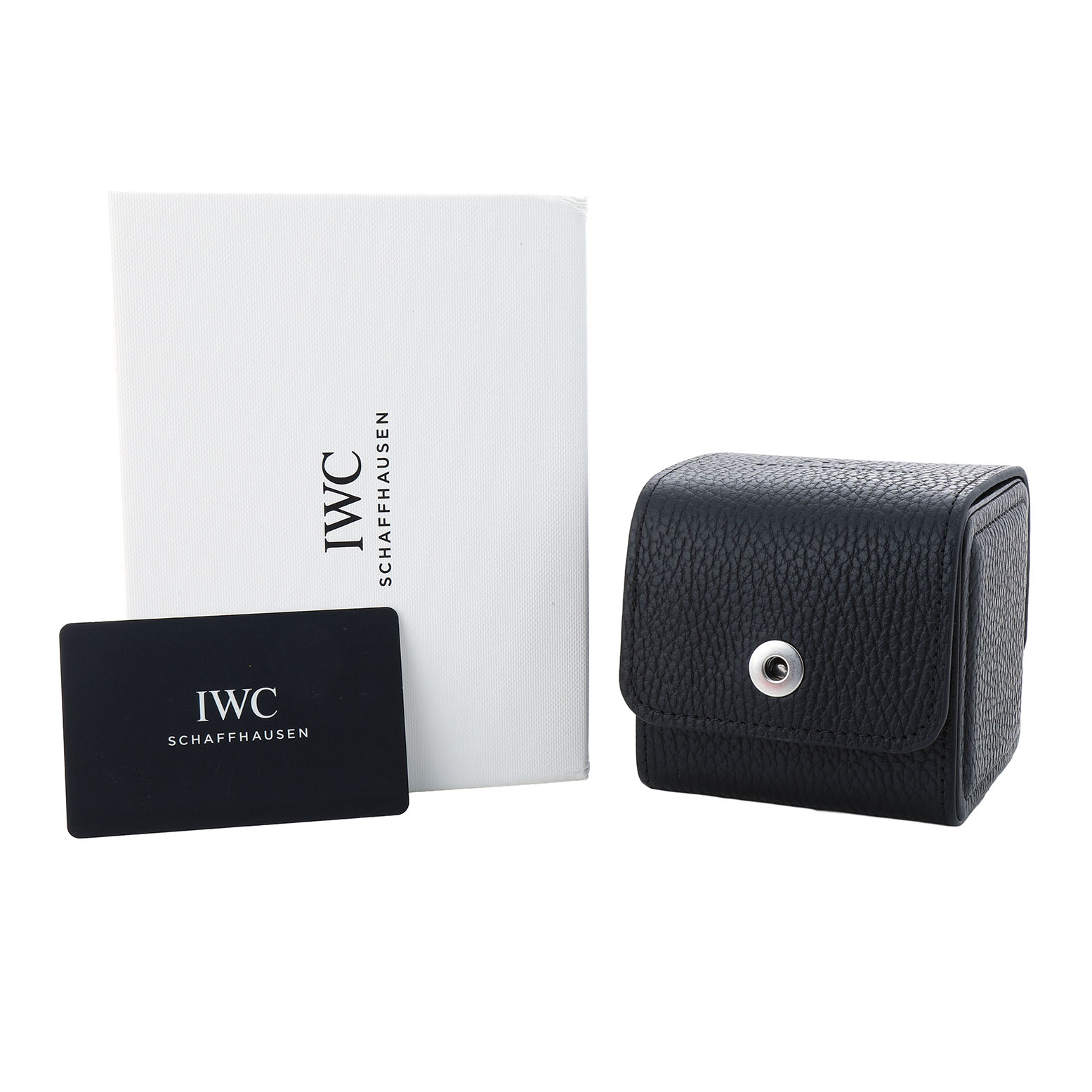 The image shows a black IWC Pilot IW377714 Men's Stainless Steel Blue Dial watch case alongside a branded box and card, viewed from the front.
