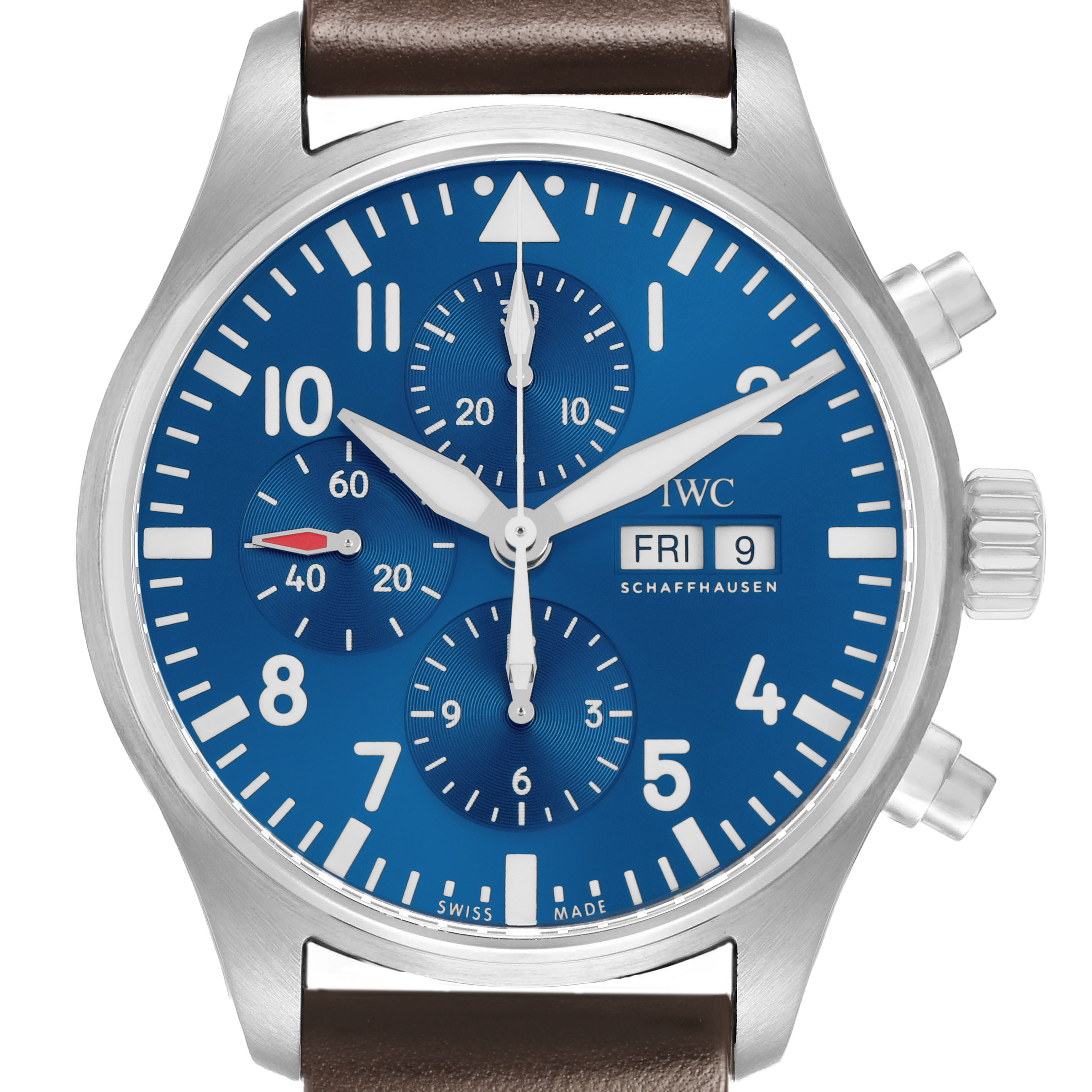 The IWC Pilot IW377714 Men's Stainless Steel Blue Dial watch is shown from the front, highlighting its blue dial, subdials, and brown leather strap.