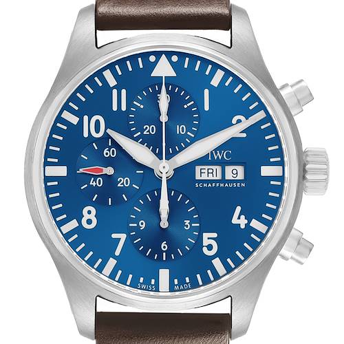 The IWC Pilot IW377714 Men's Stainless Steel Blue Dial watch is shown from the front, displaying the dial, subdials, crown, and pushers.