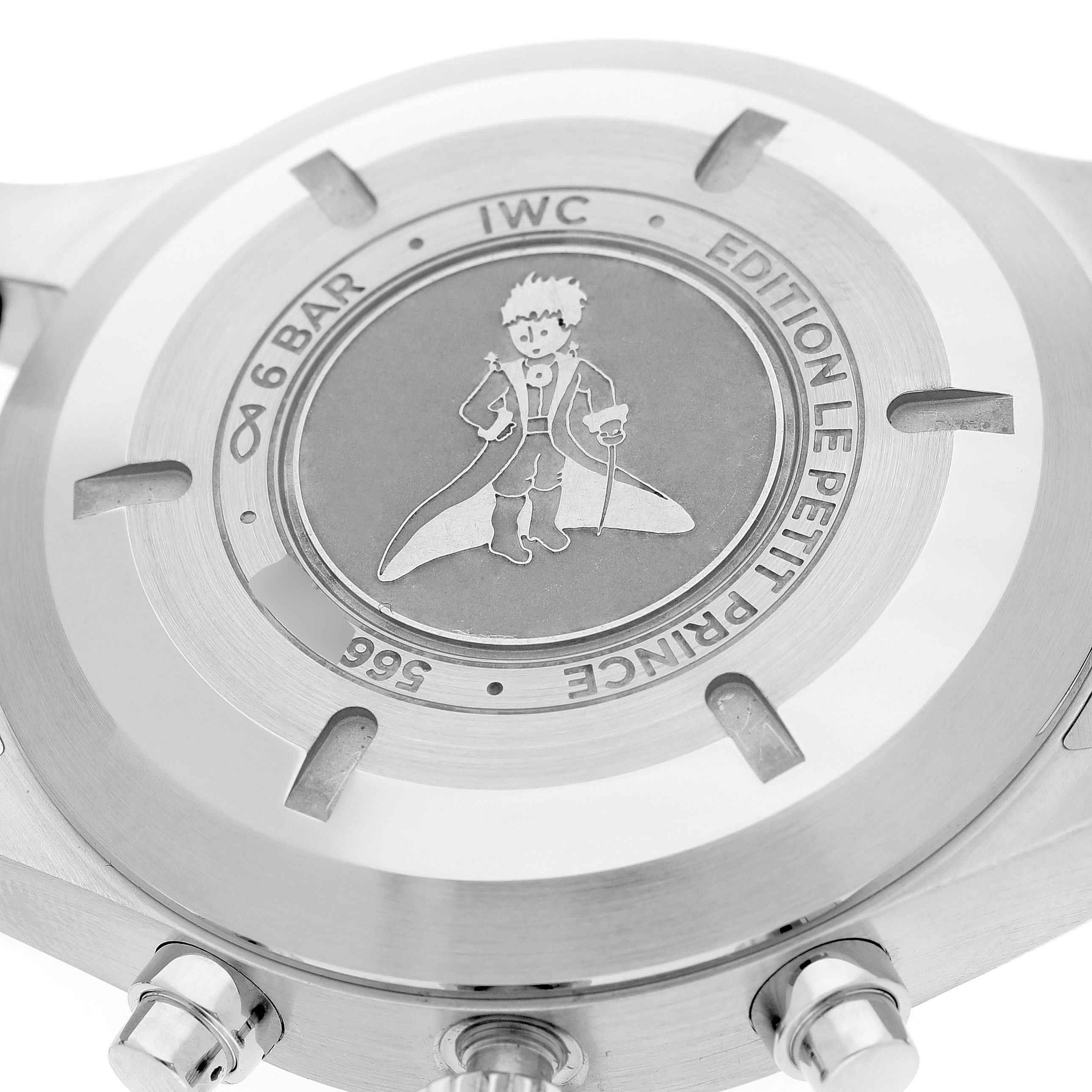 The image shows the case back of the IWC Pilot IW377714 Men's Stainless Steel Blue Dial model, featuring "Le Petit Prince" engraving.