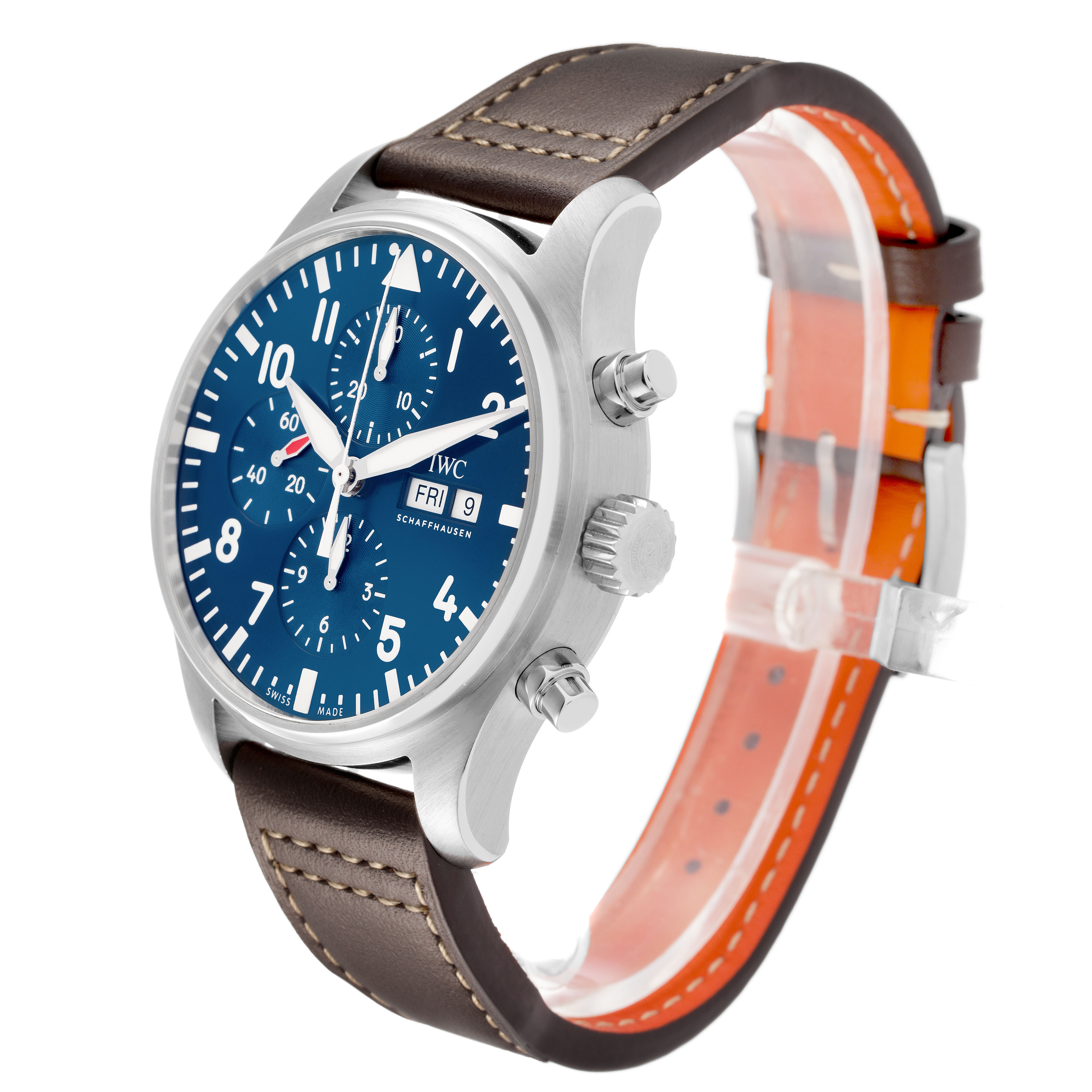 The IWC Pilot IW377714 Men's Stainless Steel Blue Dial model watch is shown at a three-quarter angle, displaying the dial, case, pushers, crown, and strap.