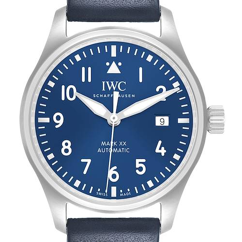 The IWC Pilot IW328203 Men's Stainless Steel Blue Dial model is shown from the front, featuring a blue dial, white numerals, and a black leather strap.