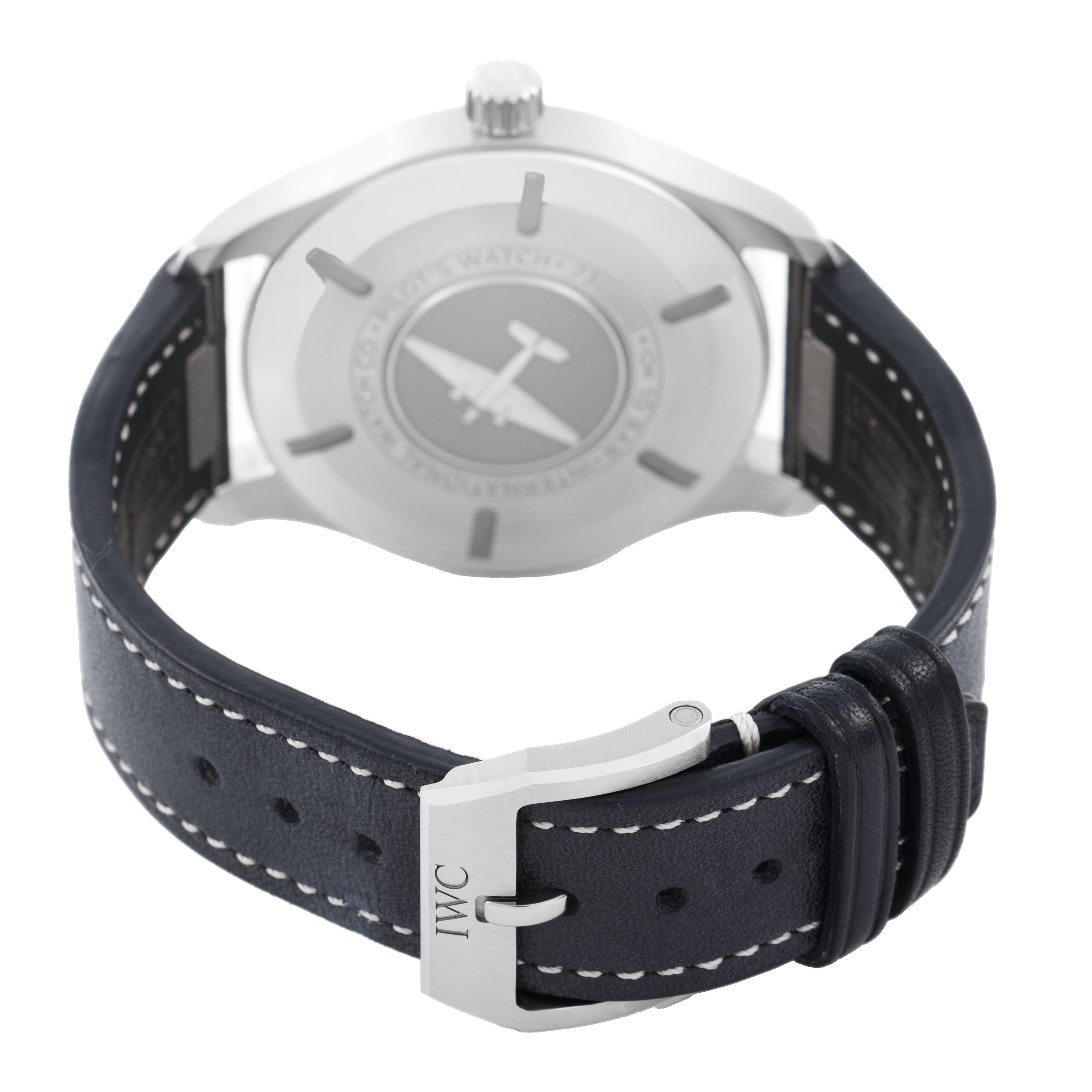 The IWC Pilot IW328203 Men's Stainless Steel Blue Dial model watch is shown from the back, highlighting its leather strap and buckle.
