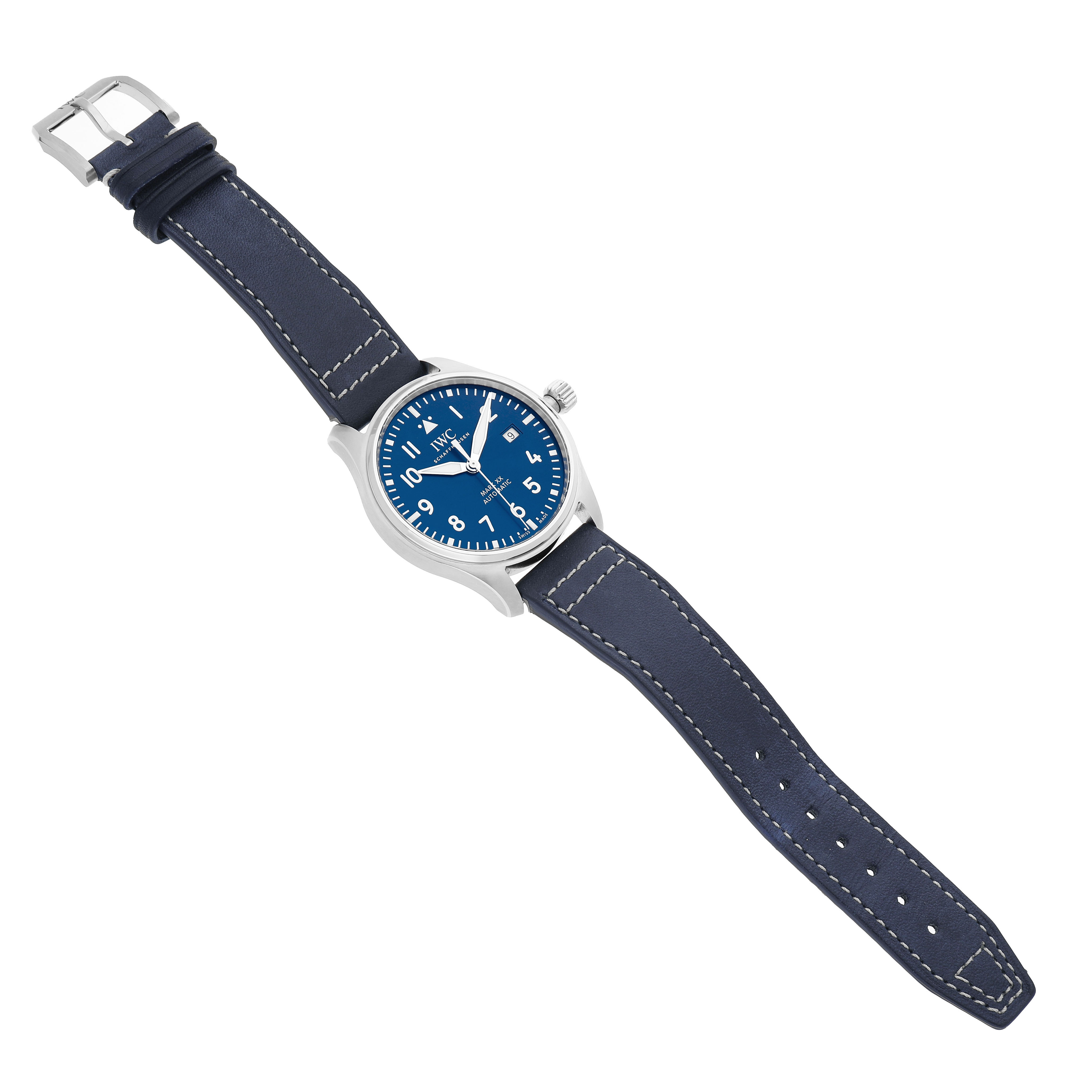 The IWC Pilot IW328203 Men's Stainless Steel Blue Dial model watch is shown from a top-down angle, displaying the full face, blue dial, and leather strap with buckle.