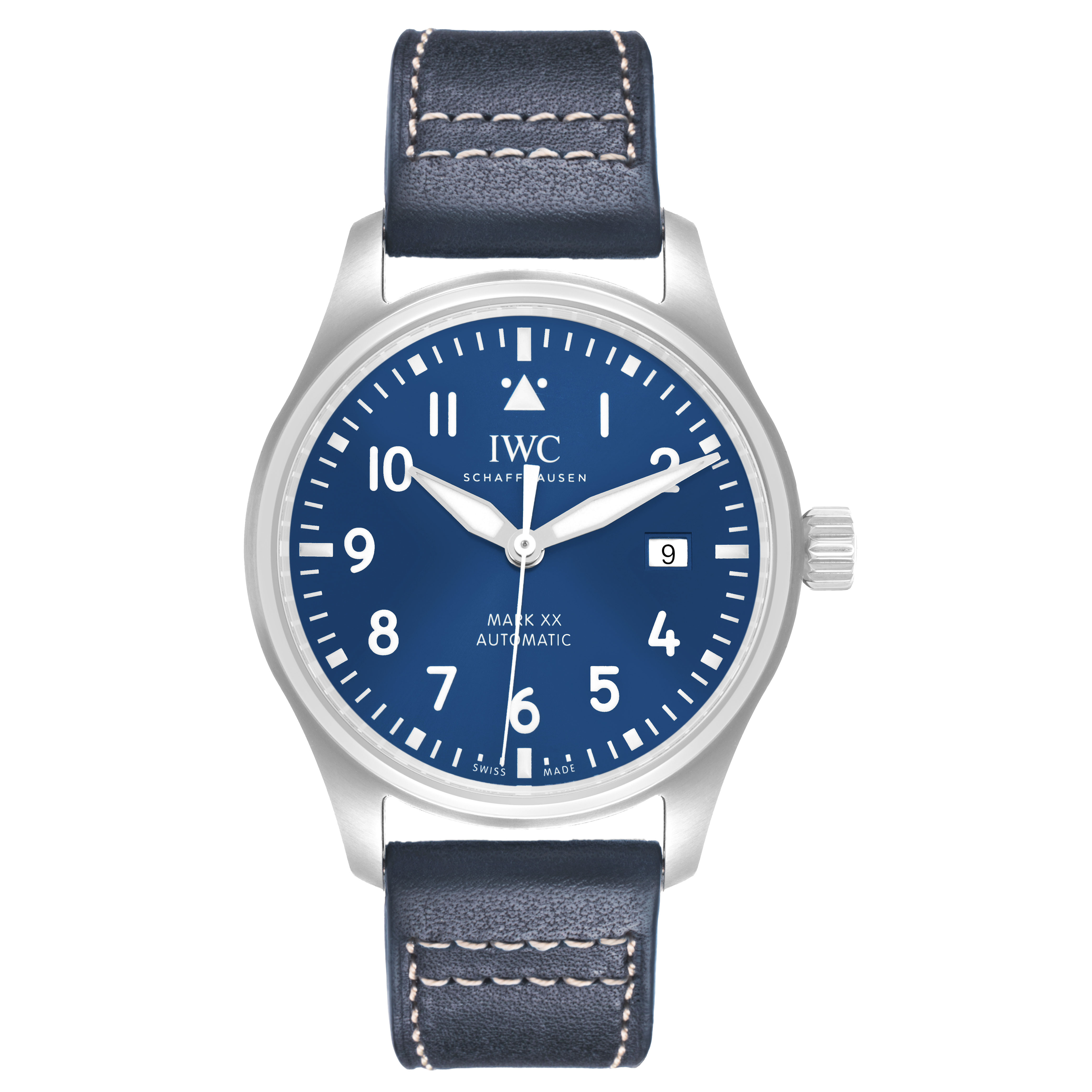 The IWC Pilot IW328203 Men's Stainless Steel Blue Dial model watch is shown from a front angle, displaying the face, hands, crown, and strap.