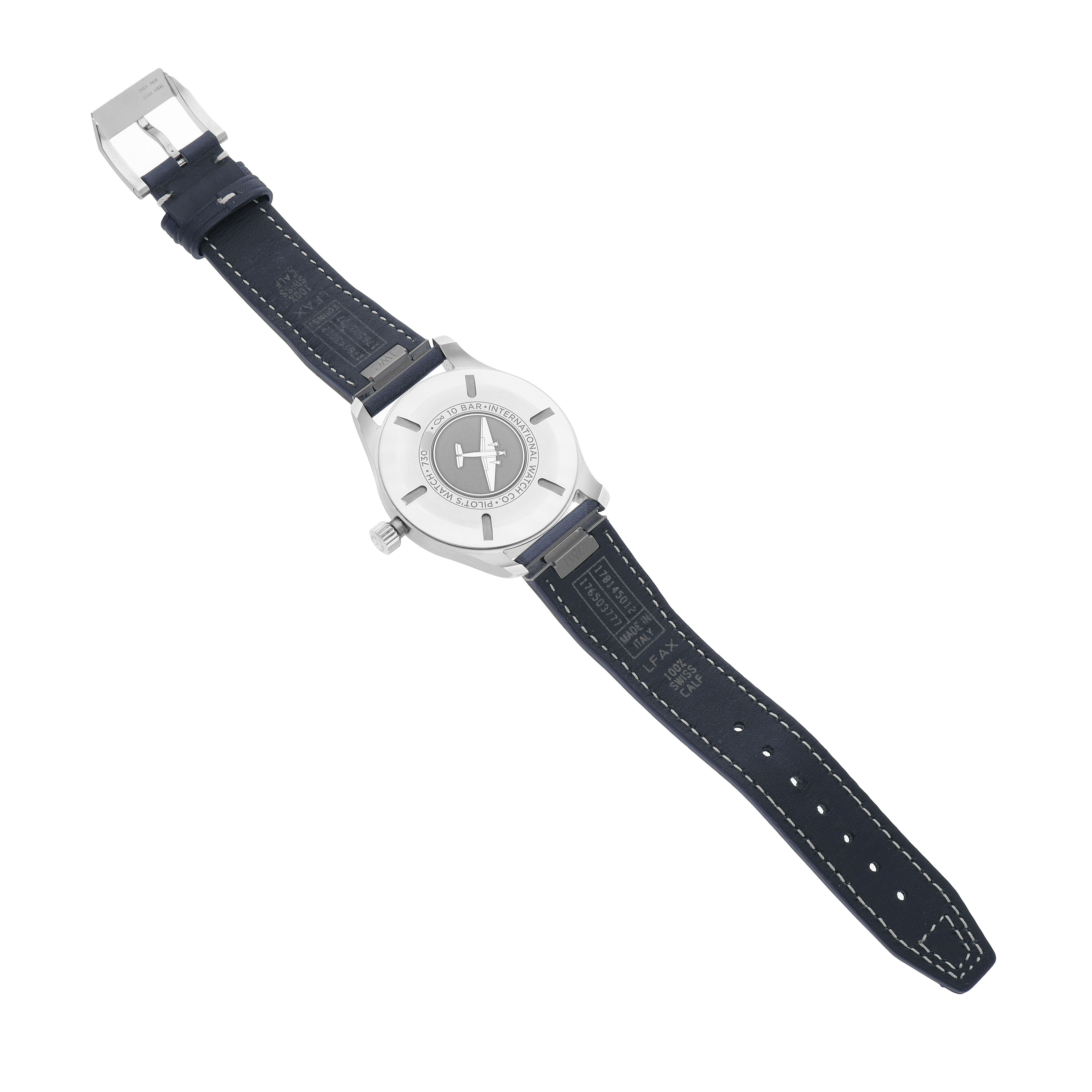 The IWC Pilot IW328203 Men's Stainless Steel Blue Dial watch is shown from the back, highlighting the case back, straps, and clasp.