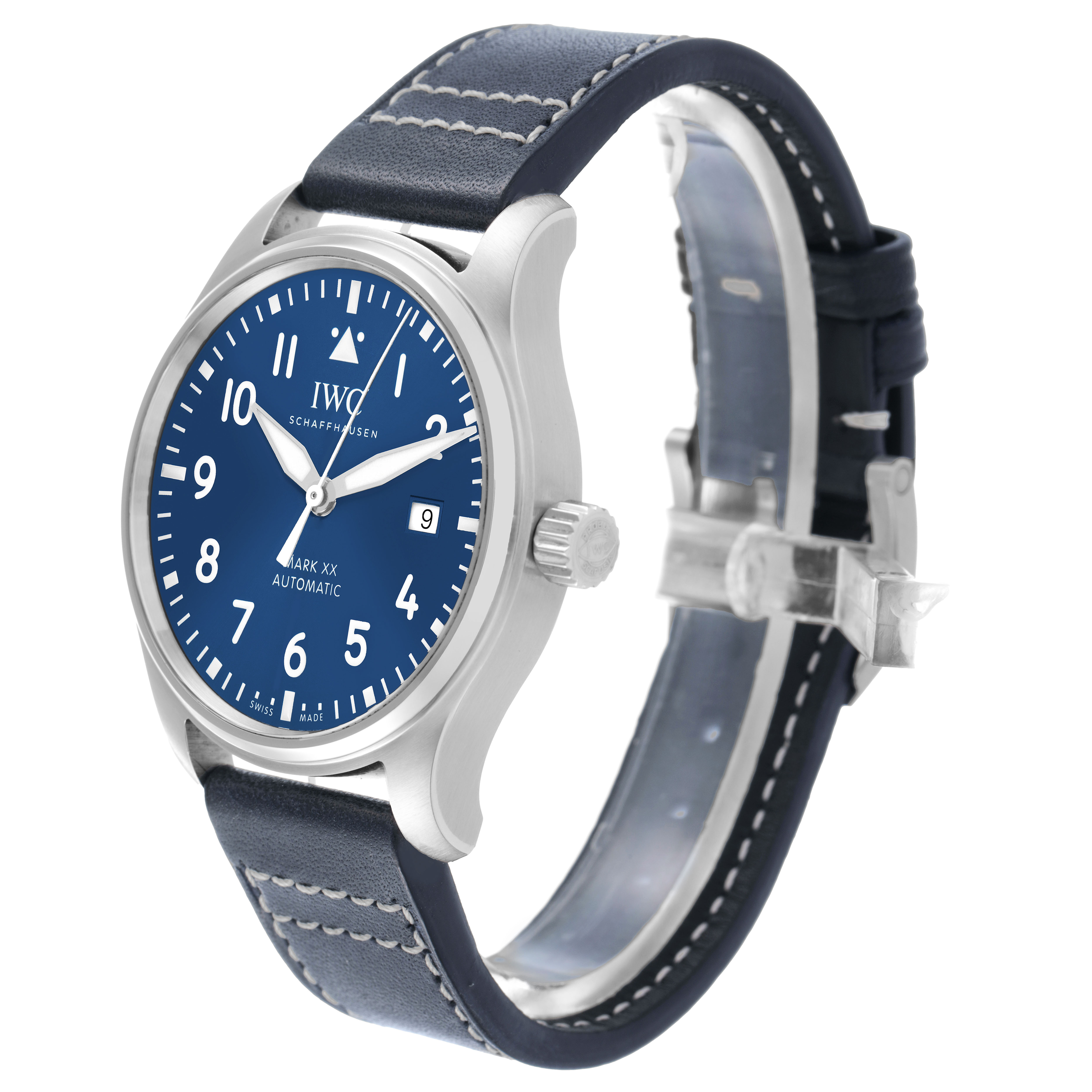The IWC Pilot IW328203 Men's Stainless Steel Blue Dial Mark XX watch is shown from a three-quarter angle, highlighting the dial, case, crown, and strap.