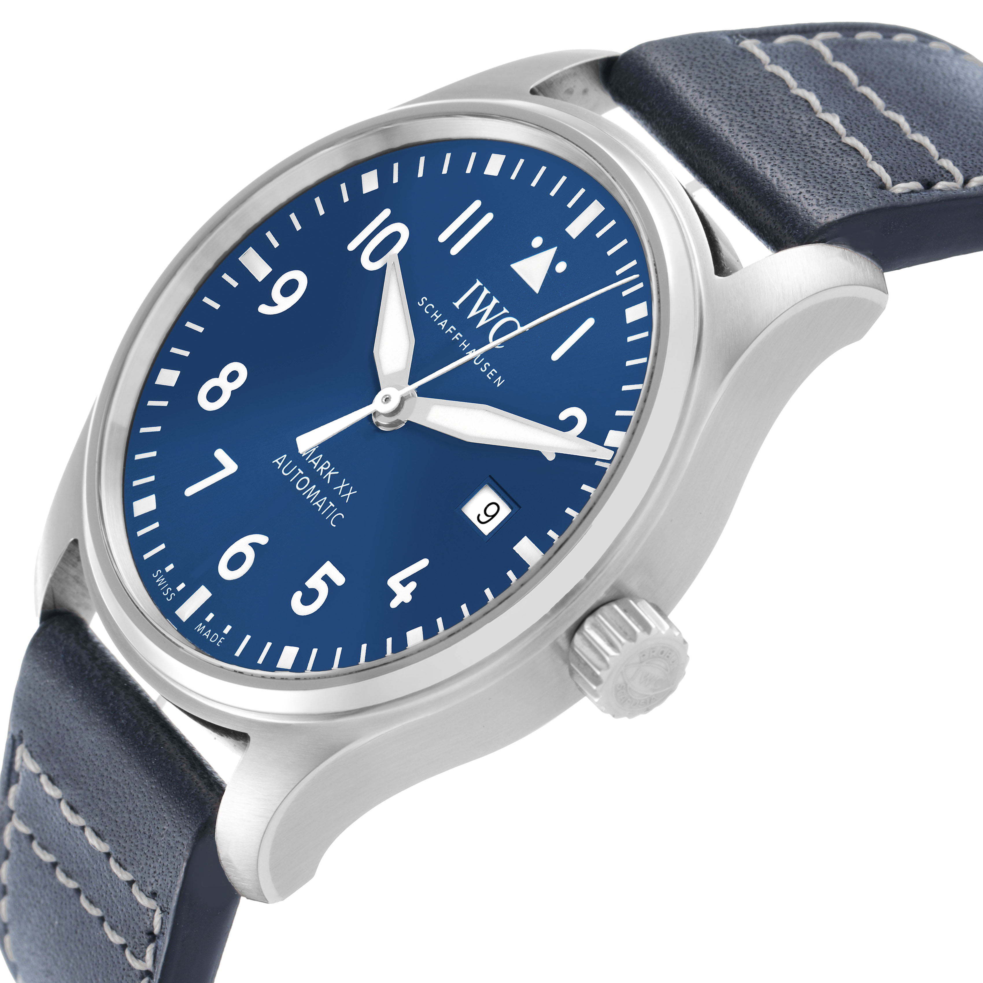The IWC Pilot IW328203 Men's Stainless Steel Blue Dial watch is shown at a slight angle, highlighting the face, crown, and part of the strap.