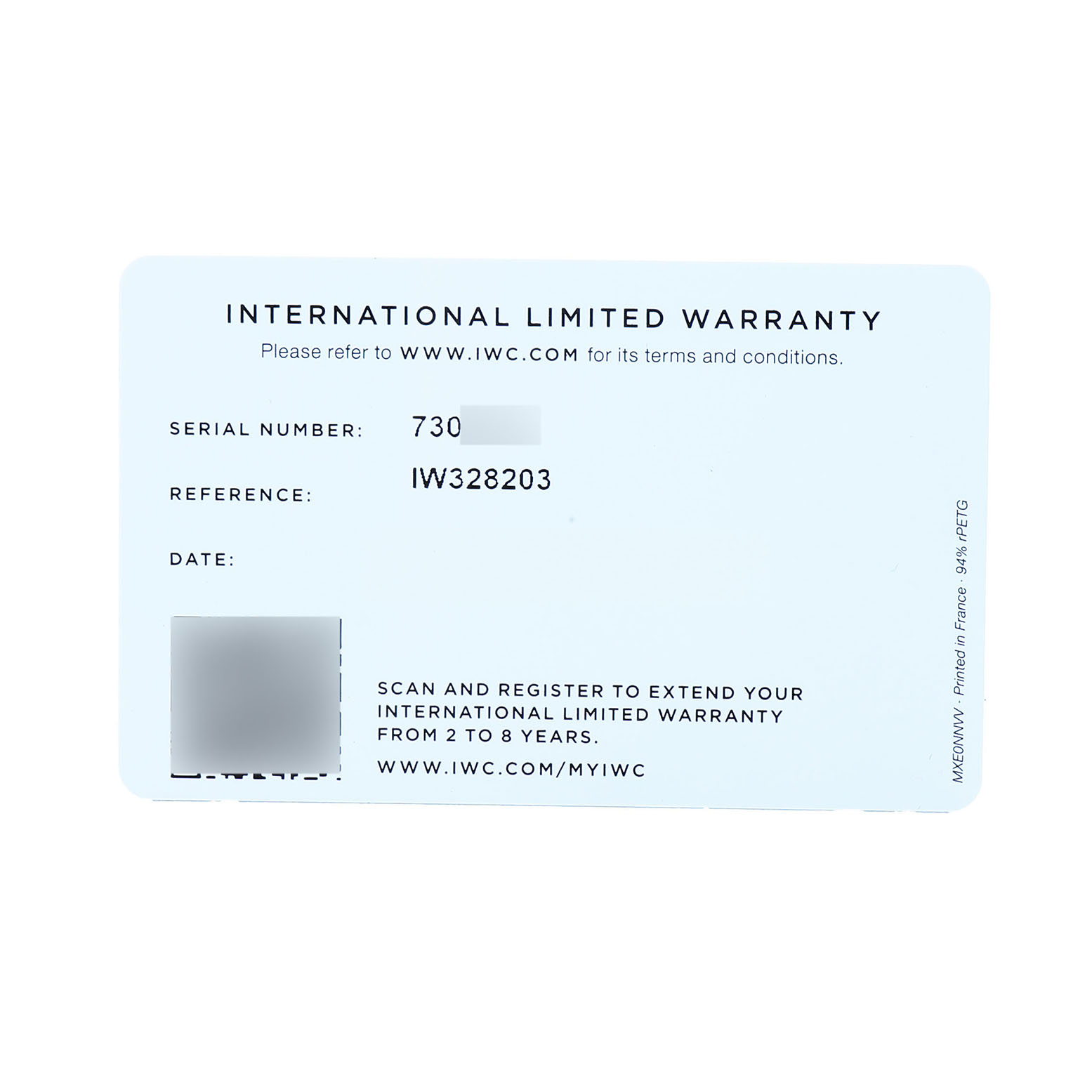The image shows the International Limited Warranty card for the IWC Pilot IW328203 Men's Stainless Steel Blue Dial model watch.