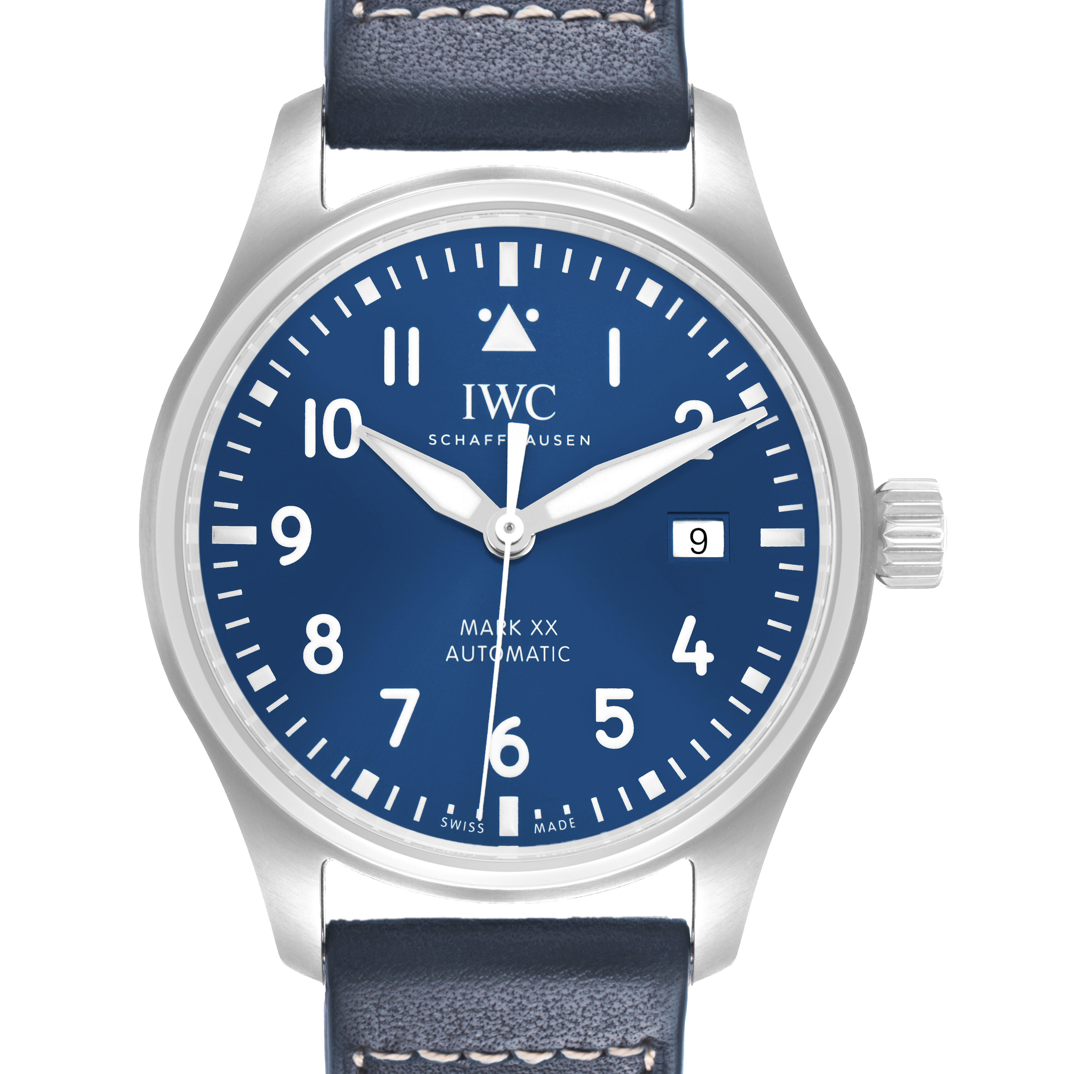 The IWC Pilot IW328203 Men's Stainless Steel Blue Dial Mark XX watch is shown from the front, displaying the blue dial, indices, hands, crown, and date window.
