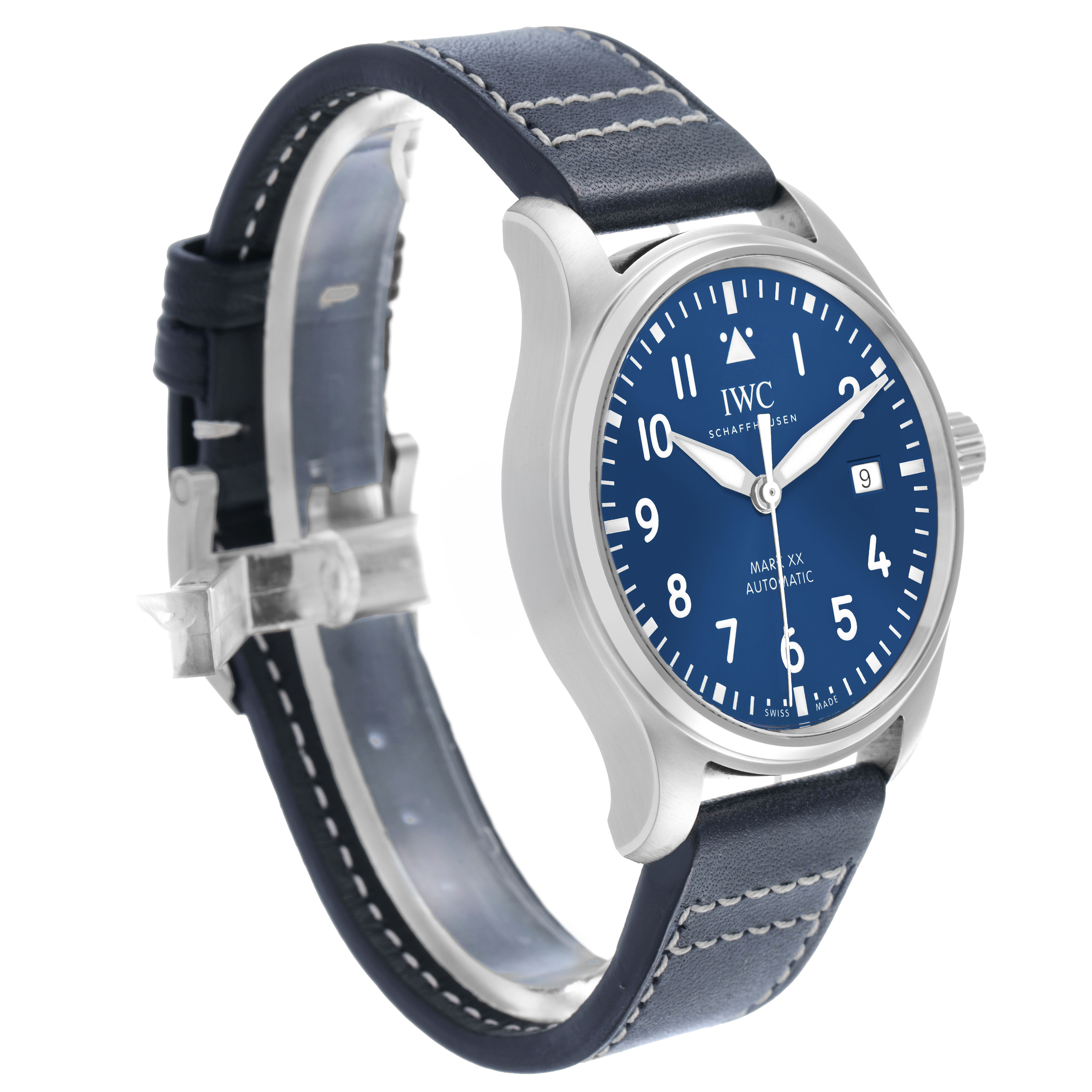 The IWC Pilot IW328203 Men's Stainless Steel Blue Dial watch is shown at a slight angle, displaying the face, case, and partially the leather strap and buckle.