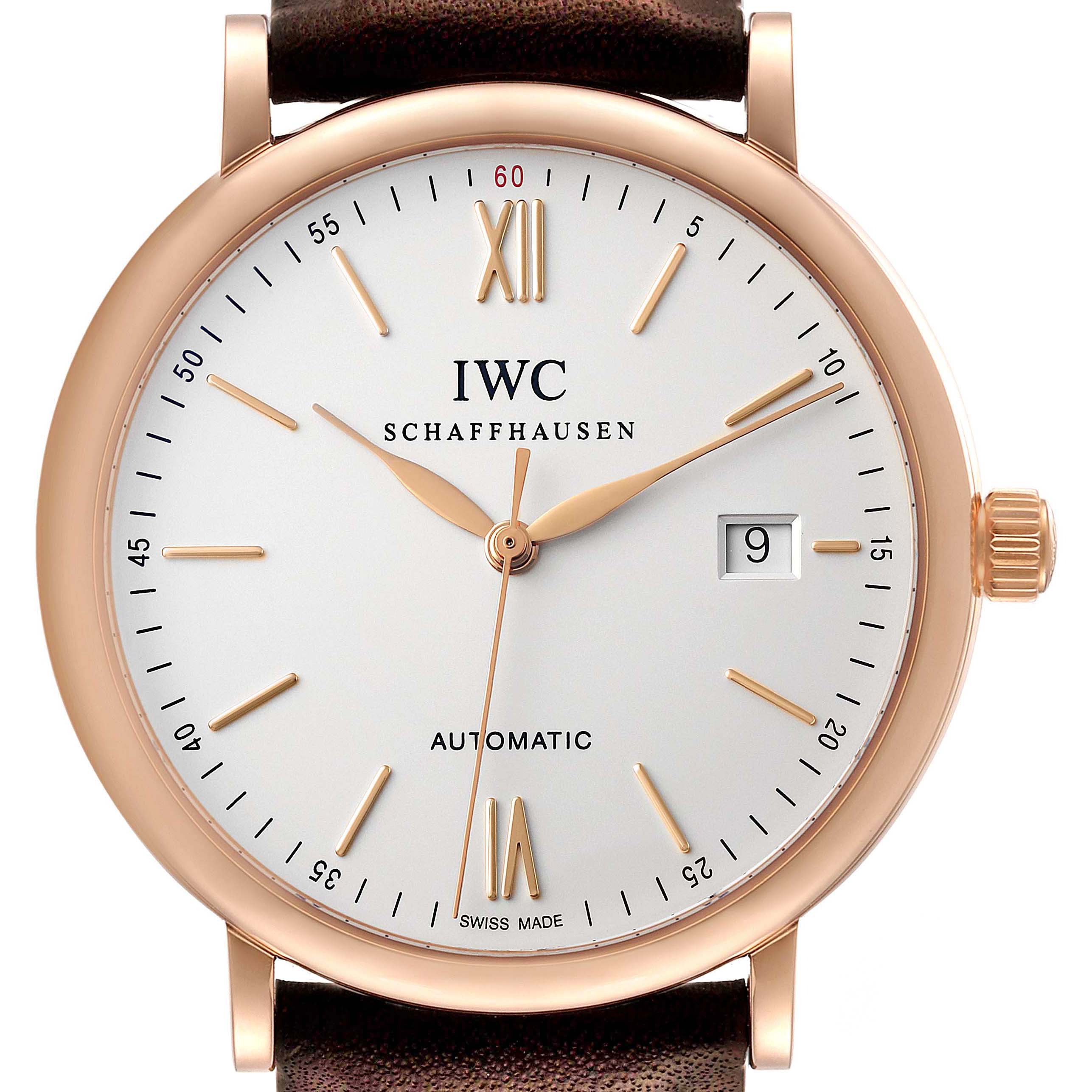 The IWC Portofino IW356504 Men's Rose Gold Silver Dial IW356504 Men's Rose Gold Silver Dial watch is shown from a straight-on angle, displaying the dial, hands, hour markers, and date window.