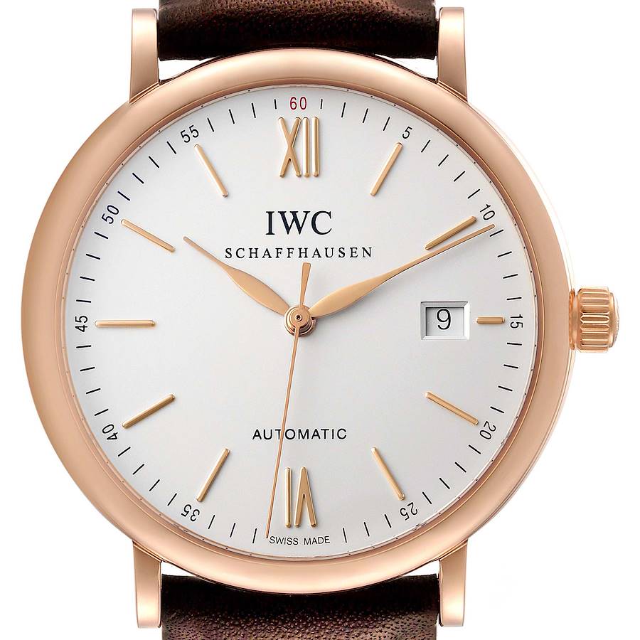 IWC Portofino 18k Rose Gold Automatic 40 mm Silver Dial Brown Strap Mens Watch IW356504 Box Papers SwissWatchExpo