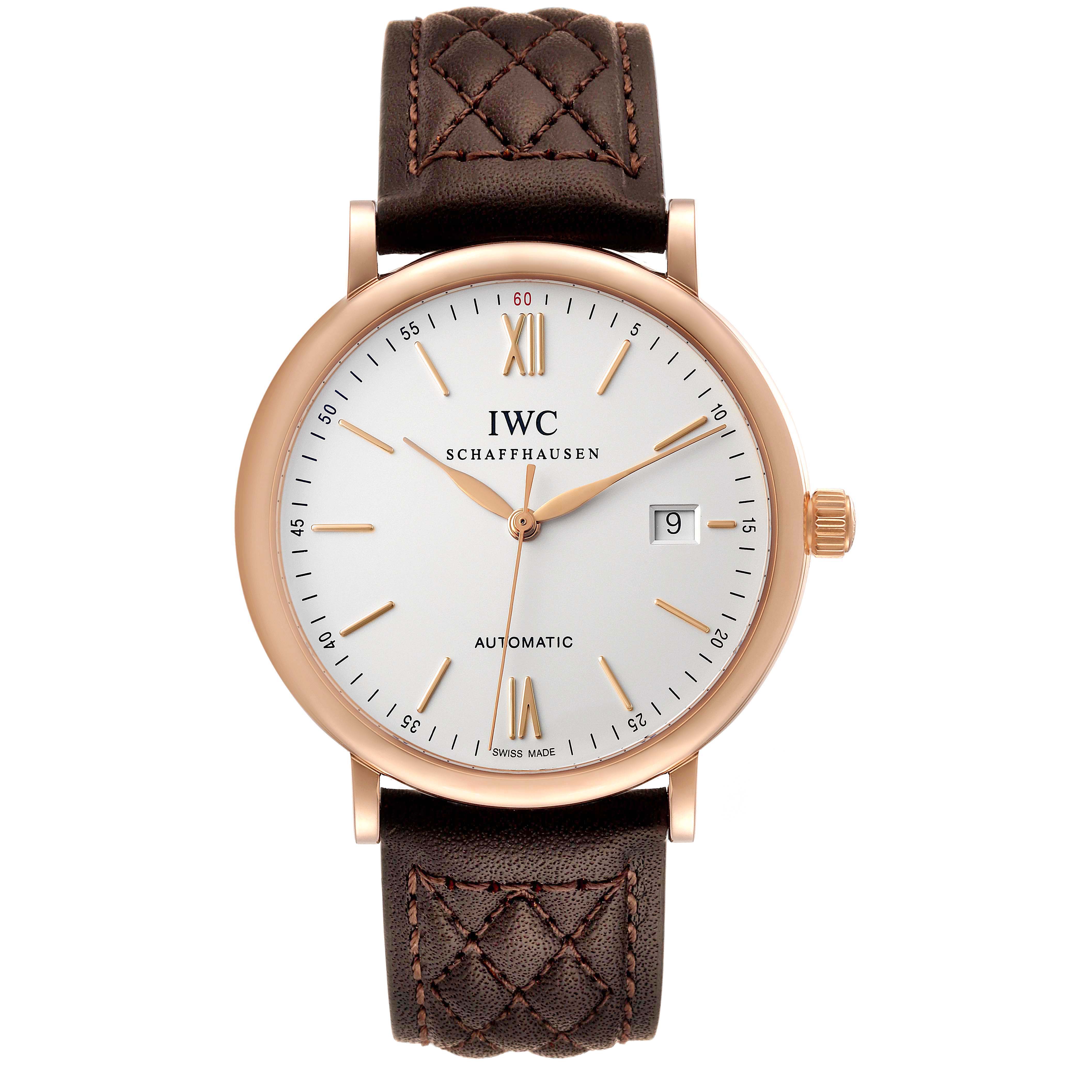 The IWC Portofino IW356504 Men's Rose Gold Silver Dial IW356504 Men's Rose Gold Silver Dial watch is shown from the front, highlighting its face, hands, date display, and leather strap.