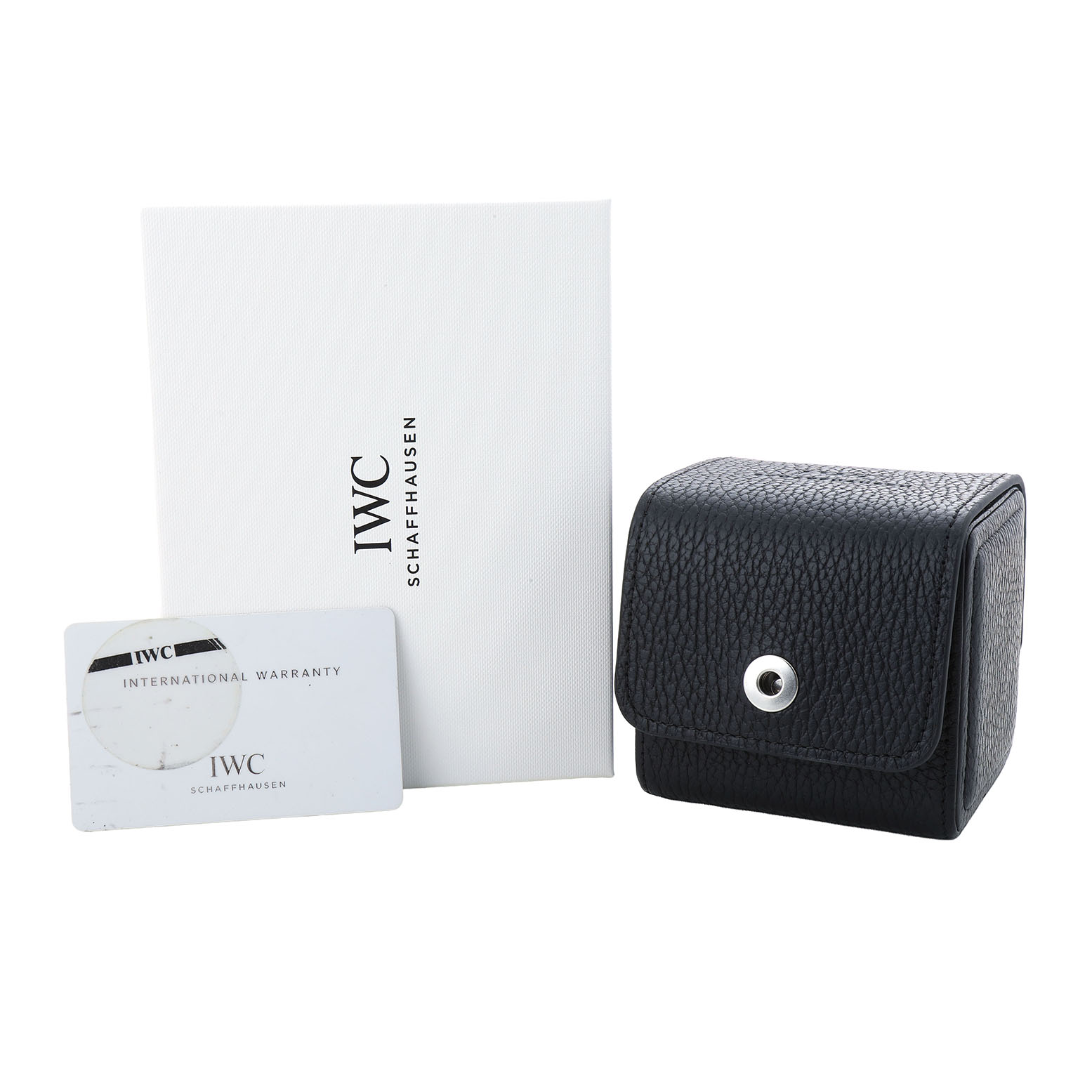 The image shows the packaging, warranty card, and leather case for an IWC Portuguese IW502308 Men's Stainless Steel Silver Dial watch.