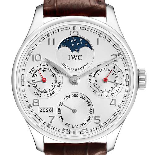 The IWC Portuguese IW502308 Men's Stainless Steel Silver Dial model watch is shown from a front angle, highlighting the dial, subdials, moon phase, and crown.