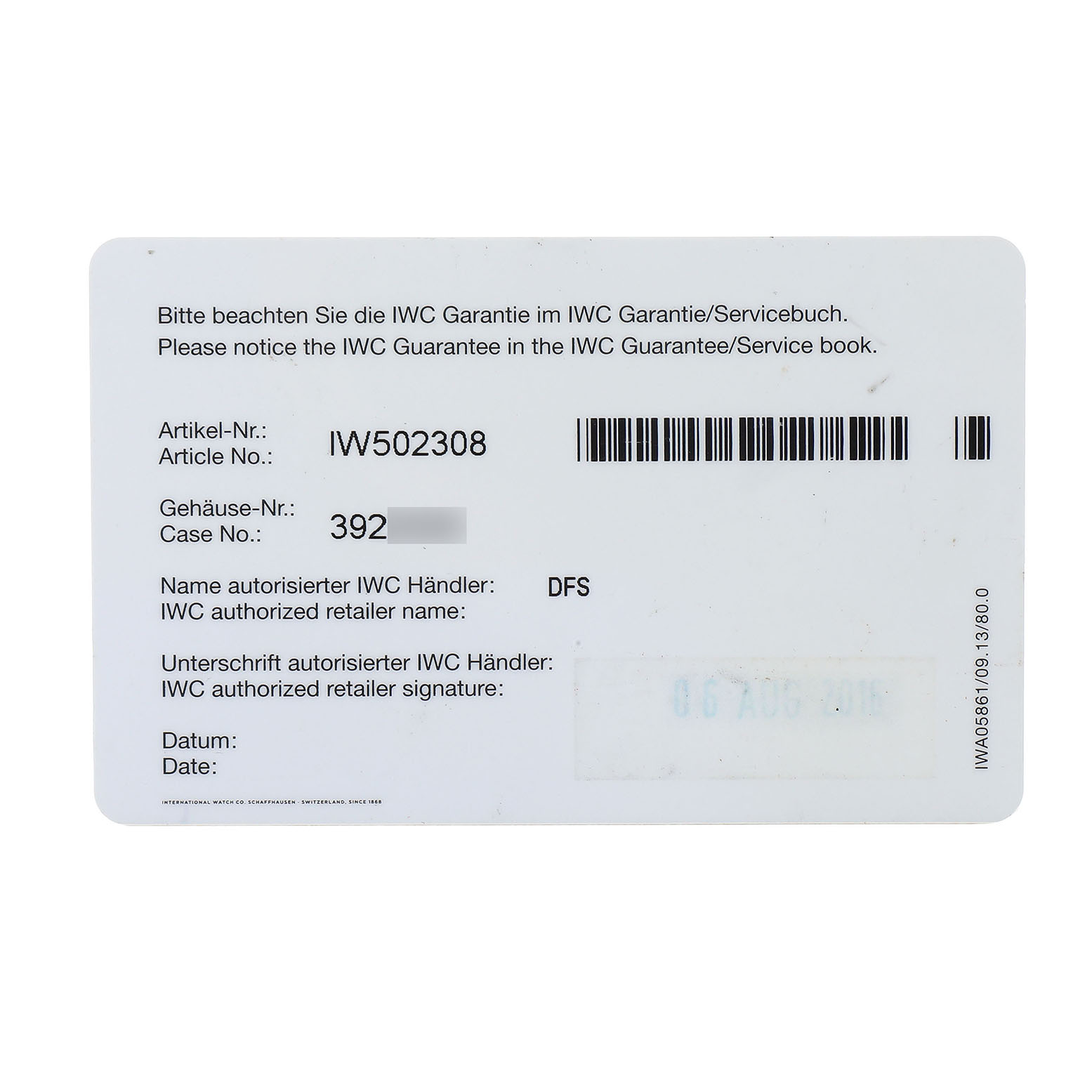This image shows a warranty card for the IWC Portuguese IW502308 Men's Stainless Steel Silver Dial model, displaying details like article and case numbers.