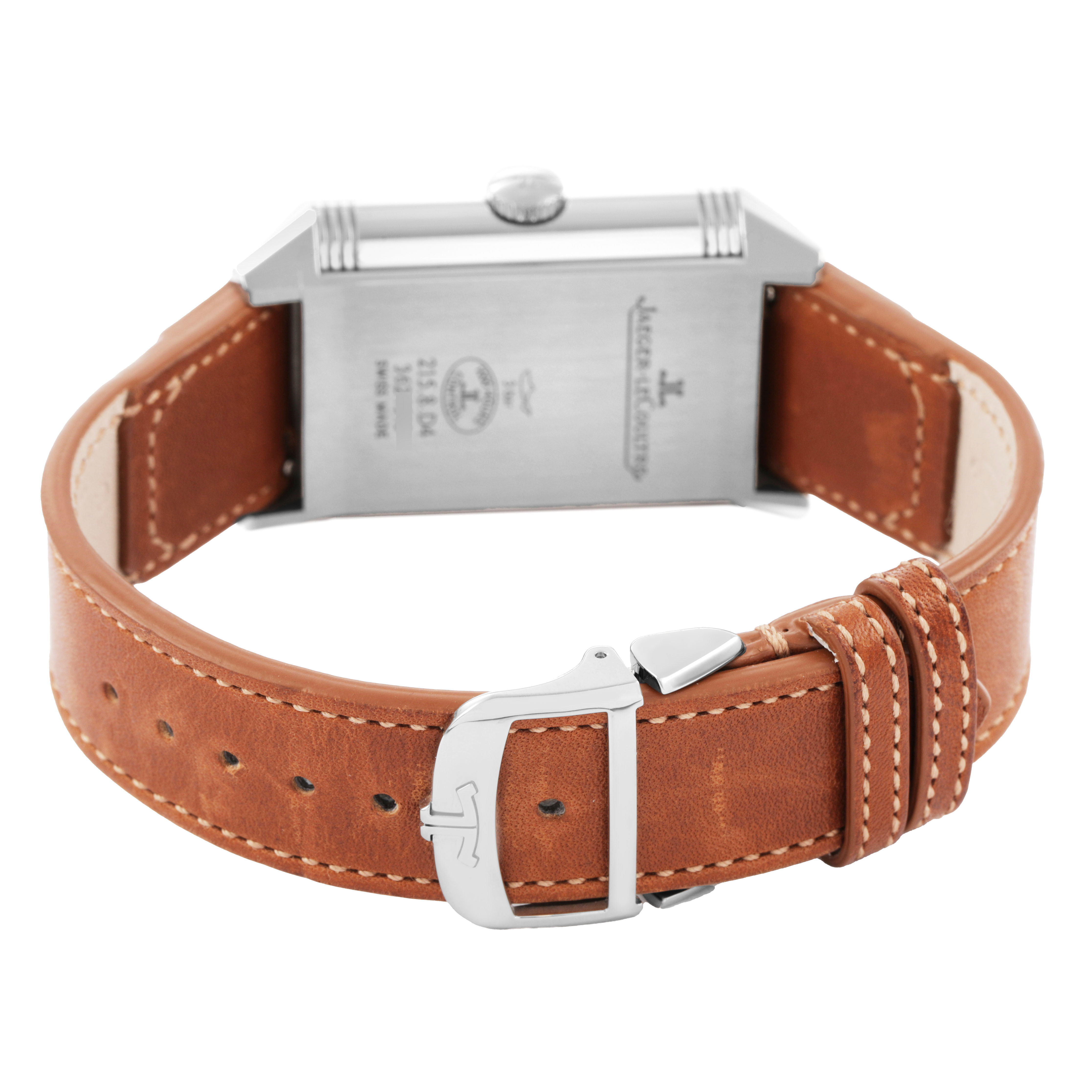 The image shows the back view of a Jaeger LeCoultre Reverso Q3848420 / 213.8.D4 Men's Stainless Steel Silver Dial watch, highlighting the case back, crown, tan leather strap, and buckle.