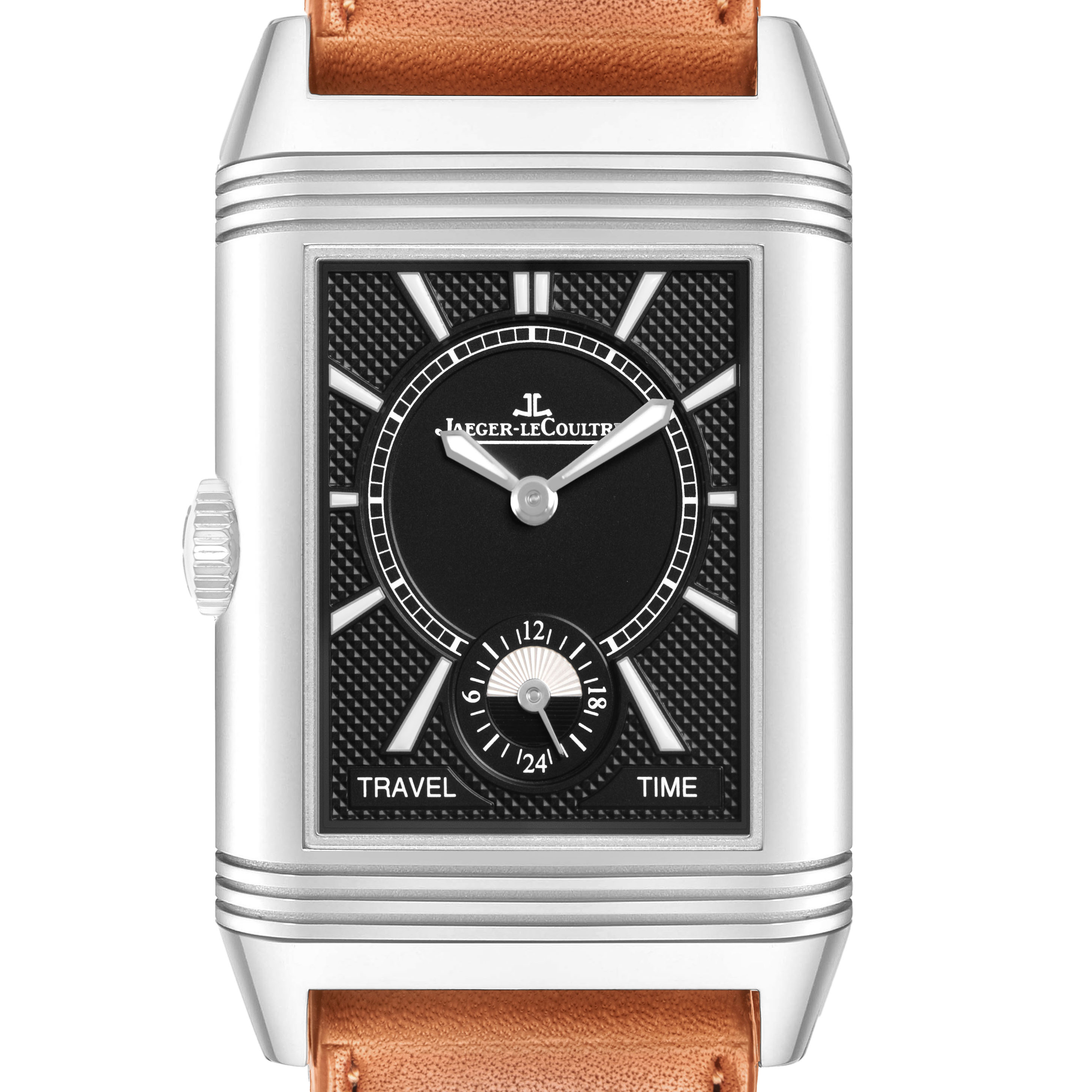 The image shows a front view of the Jaeger LeCoultre Reverso Q3848420 / 213.8.D4 Men's Stainless Steel Silver Dial watch, highlighting the dial, crown, and strap.