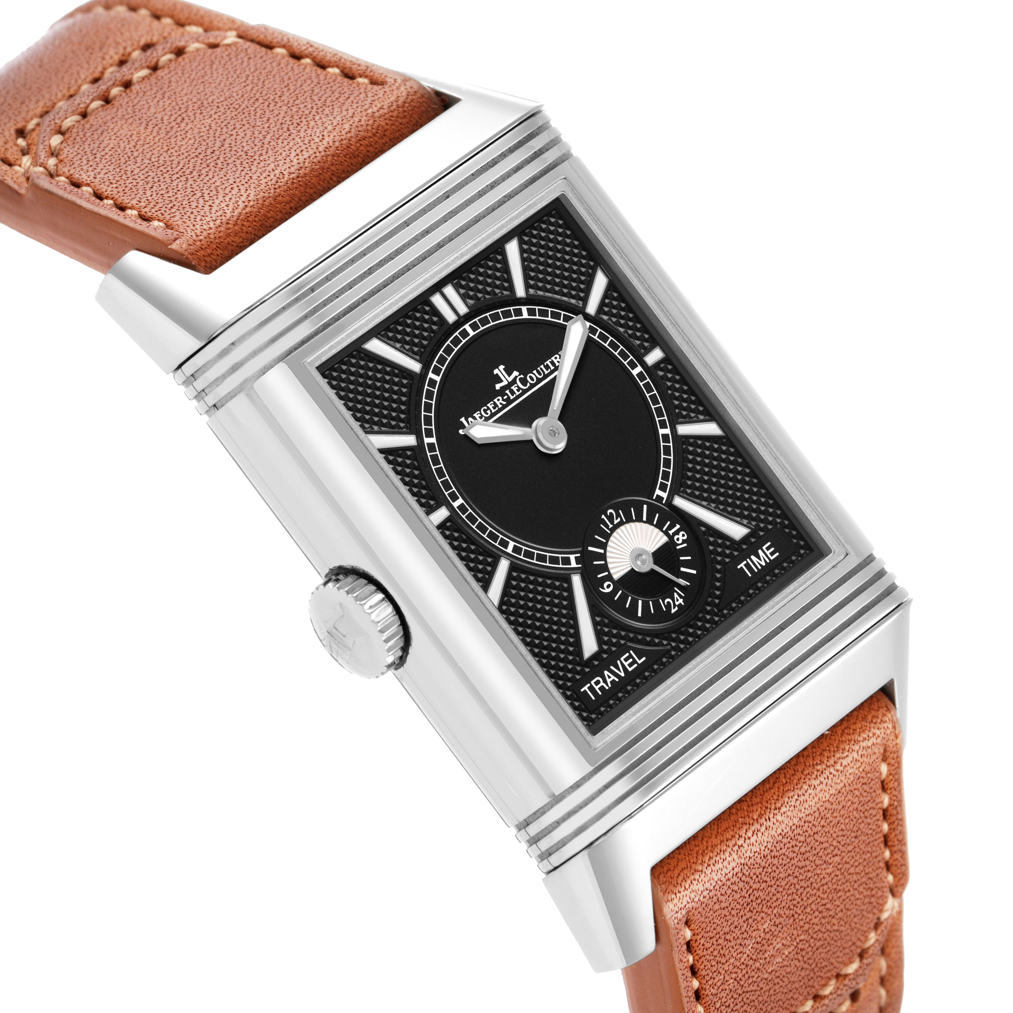 The Jaeger LeCoultre Reverso Q3848420 / 213.8.D4 Men's Stainless Steel Silver Dial watch is shown at a slight angle displaying the dial, case, side crown, and leather strap.