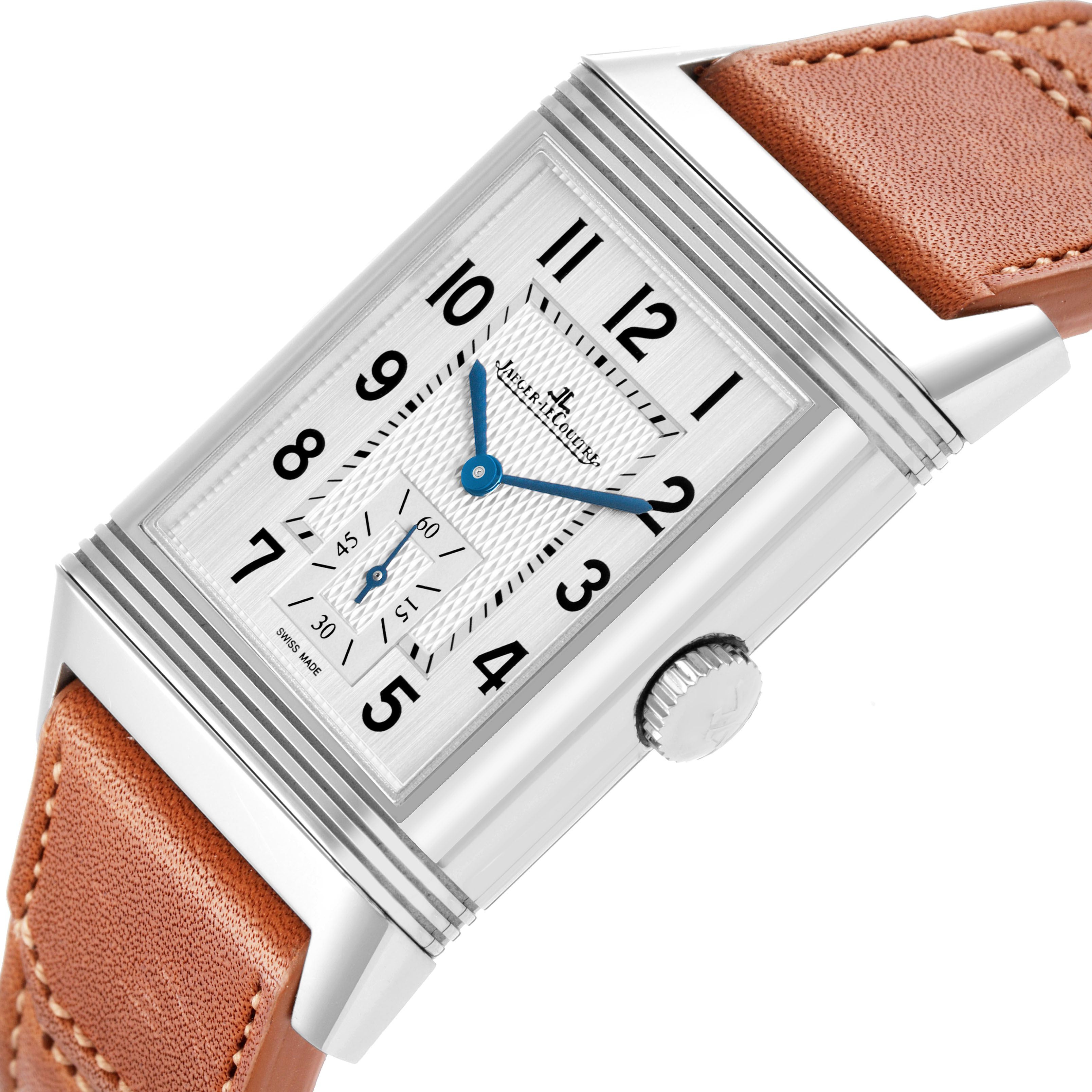 The Jaeger-LeCoultre Reverso watch is shown at a slight angle, displaying the face, case, crown, and brown leather strap.