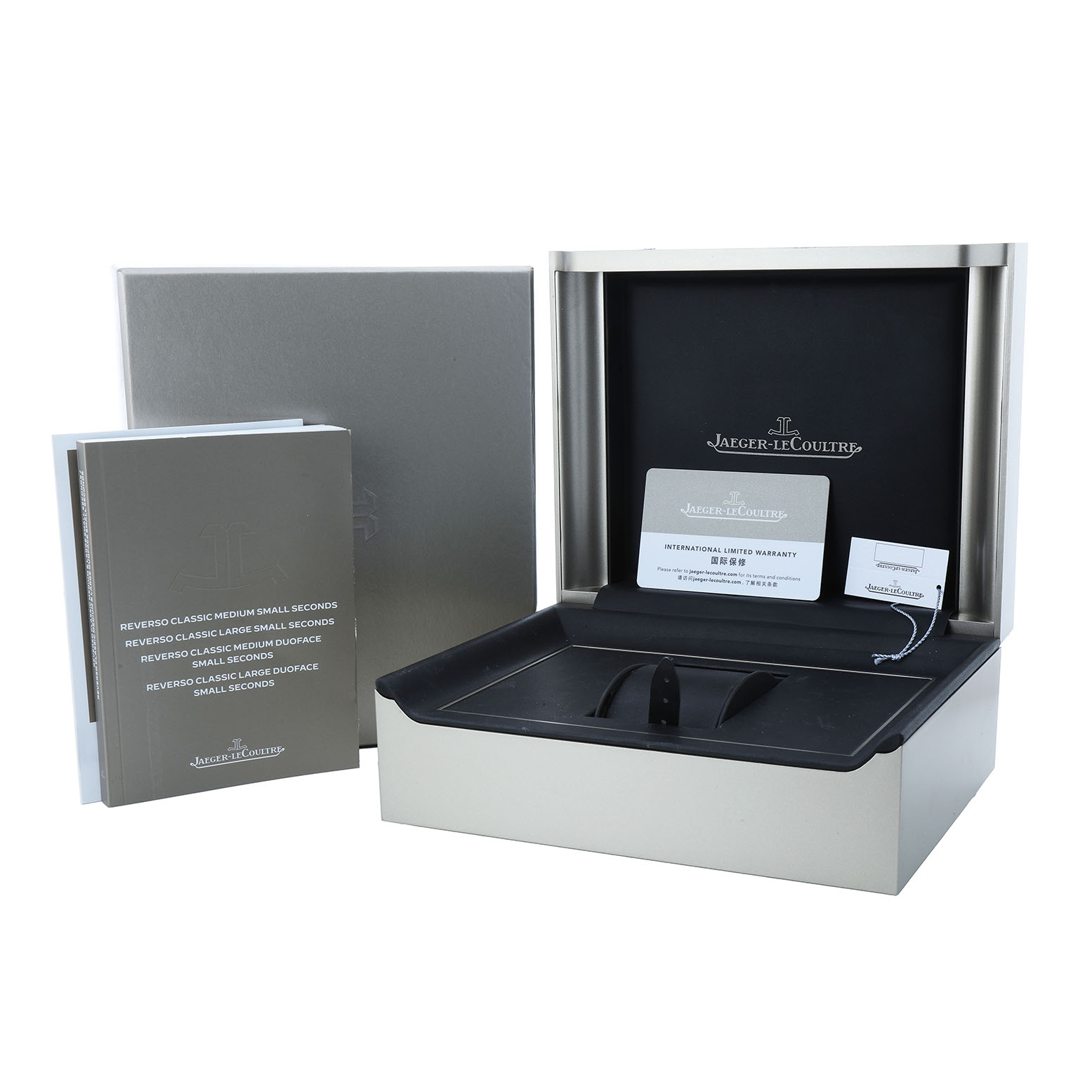 The image shows the packaging for a Jaeger LeCoultre Reverso Q3848420 / 213.8.D4 Men's Stainless Steel Silver Dial, including the box, warranty card, and a booklet, all viewed from the front.