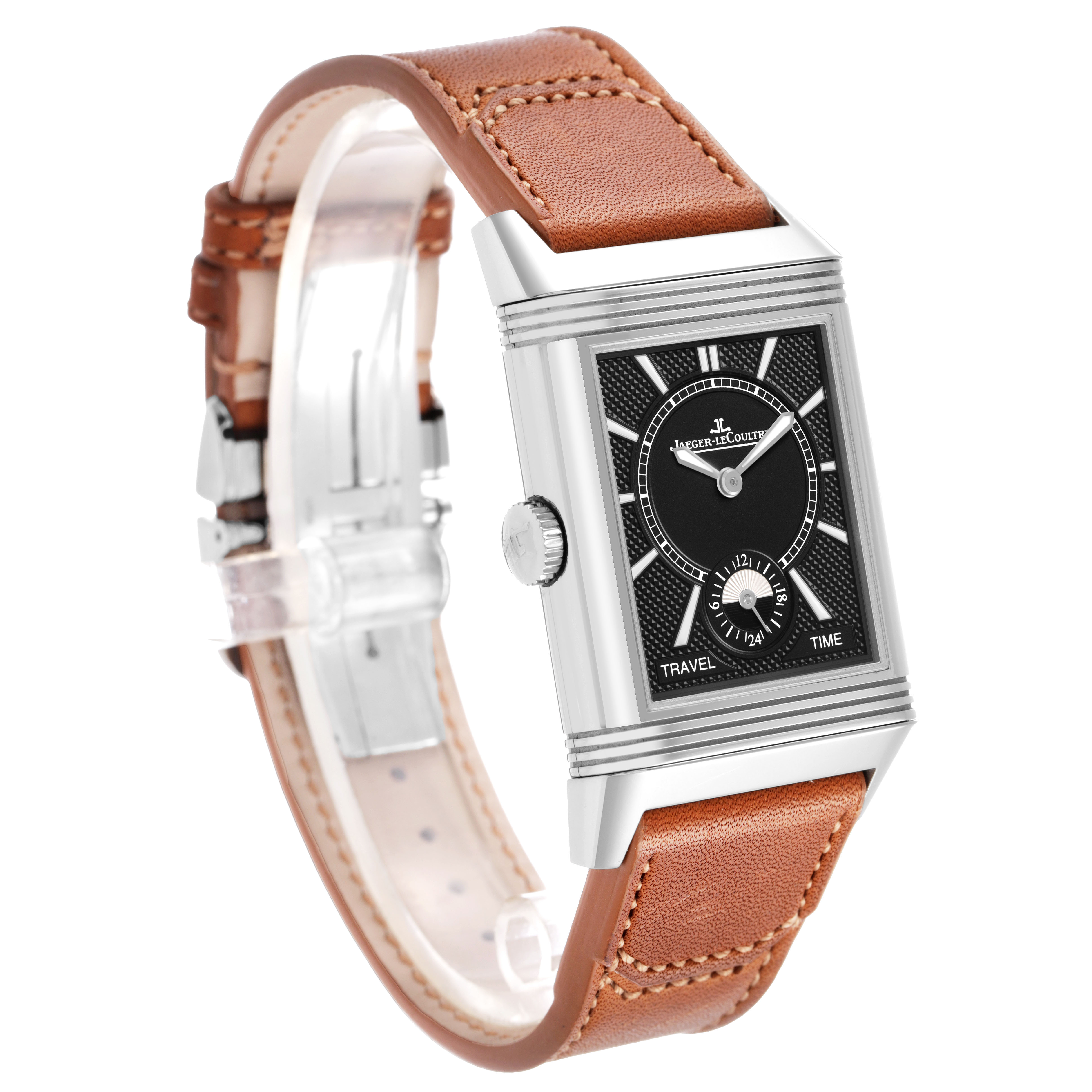 The Jaeger LeCoultre Reverso Q3848420 / 213.8.D4 Men's Stainless Steel Silver Dial watch is shown at a slight angle, highlighting the face, case, crown, and brown leather strap.