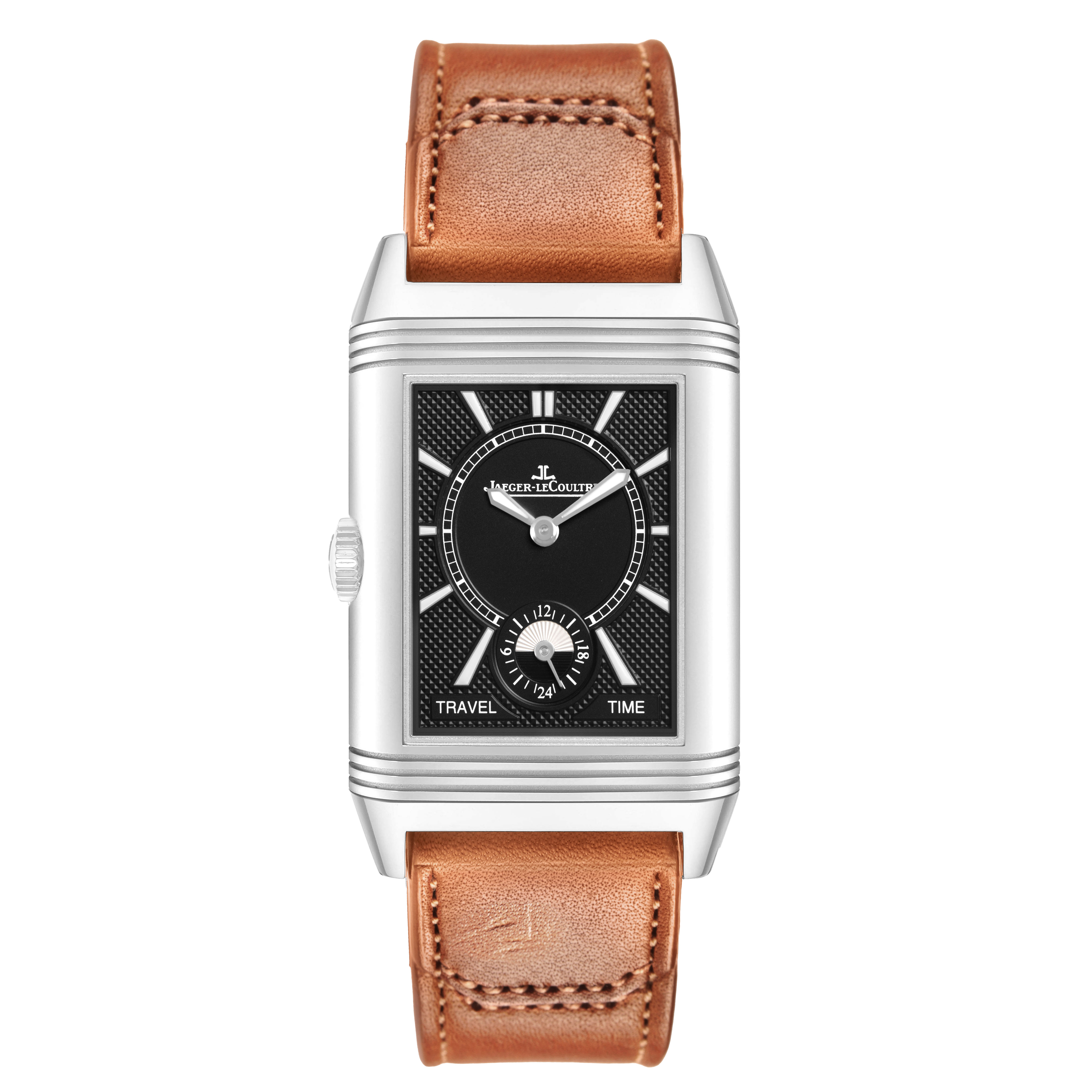 The Jaeger LeCoultre Reverso Q3848420 / 213.8.D4 Men's Stainless Steel Silver Dial watch is shown from the front, displaying its face, bezel, crown, and leather strap.
