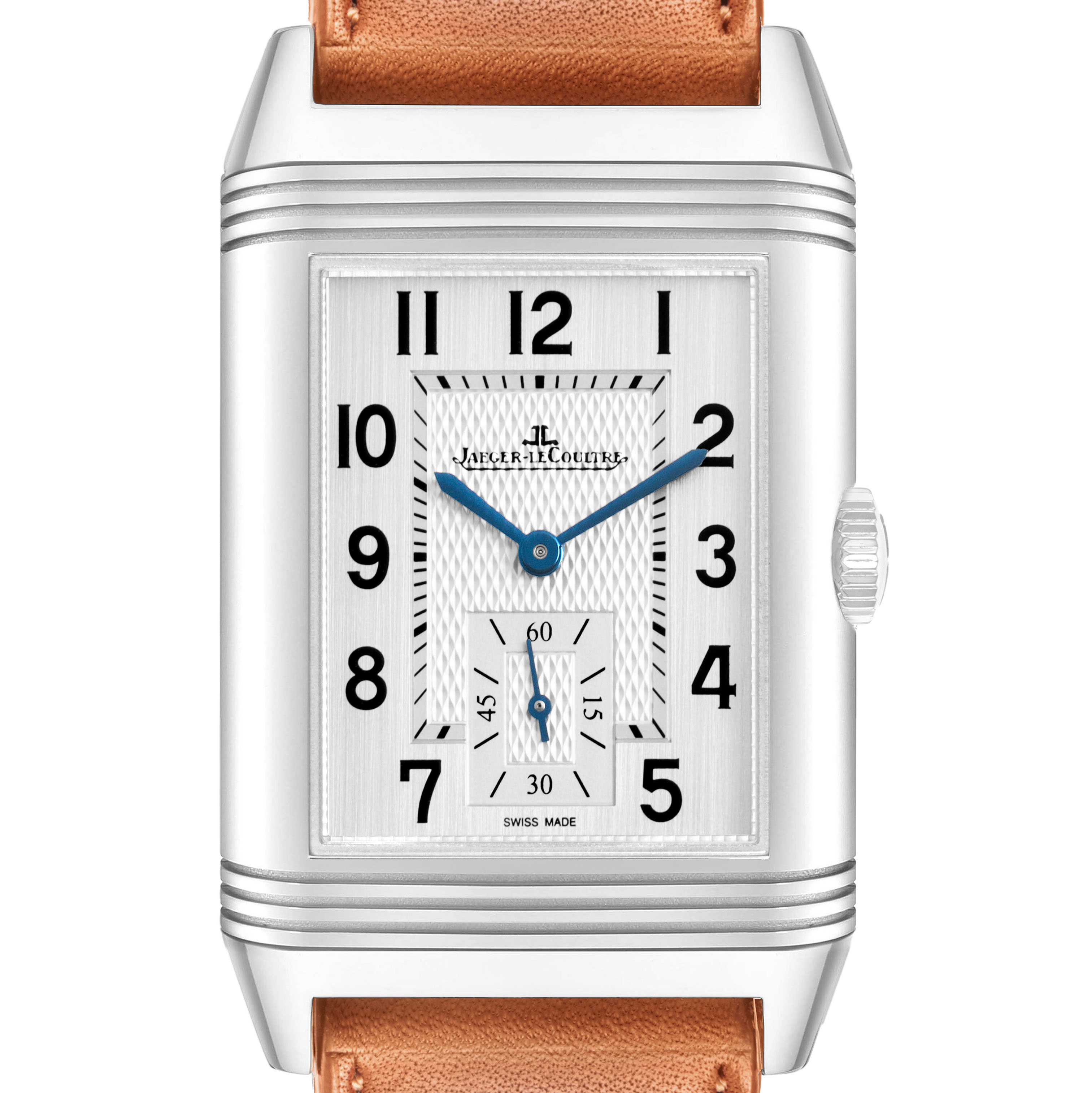 The image shows a frontal view of the Jaeger-LeCoultre Reverso watch, highlighting its rectangular face, numerals, and leather strap.