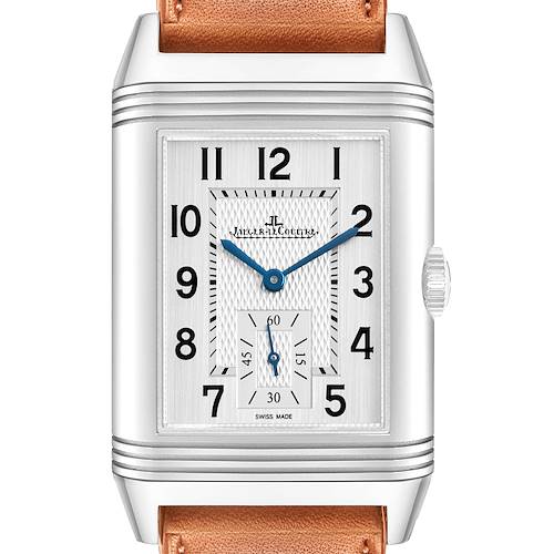 The Jaeger-LeCoultre Reverso watch is shown from the front, displaying the dial, crown, and part of the leather strap.