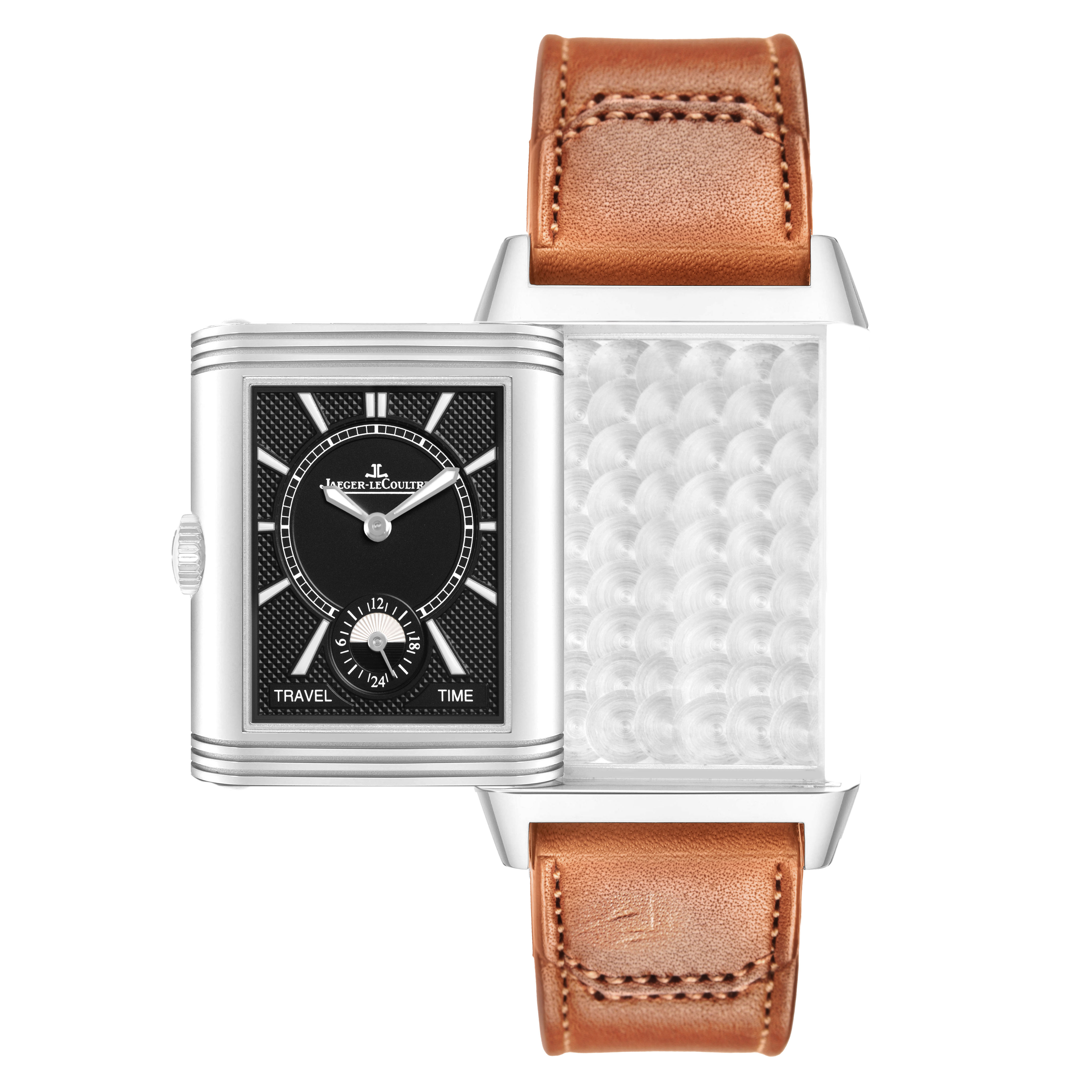 The image shows the Jaeger-LeCoultre Reverso model at a front angle with half the case flipped to reveal the back and strap.