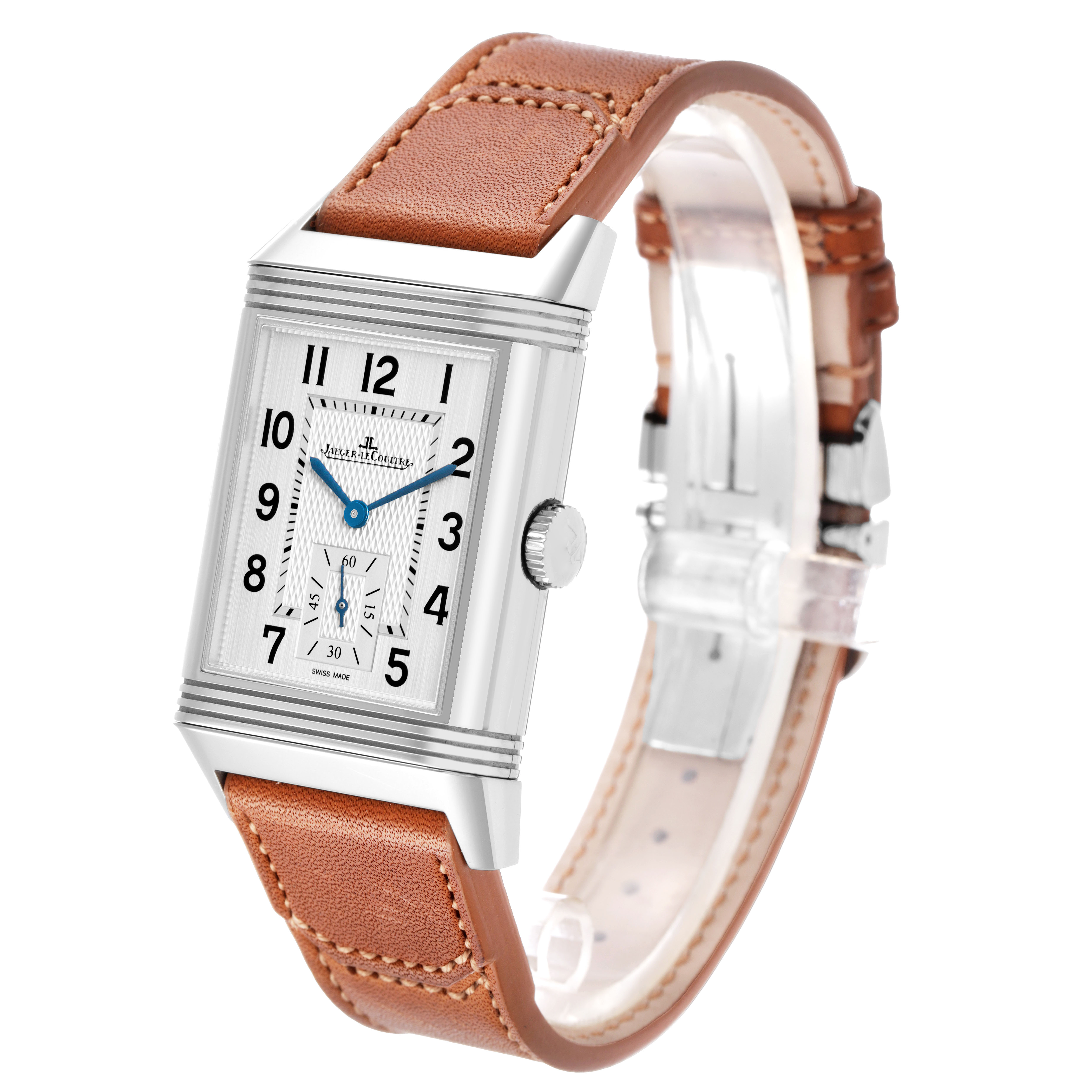 The Jaeger-LeCoultre Reverso watch is shown at a slight angle, displaying the face, case, crown, and leather strap.