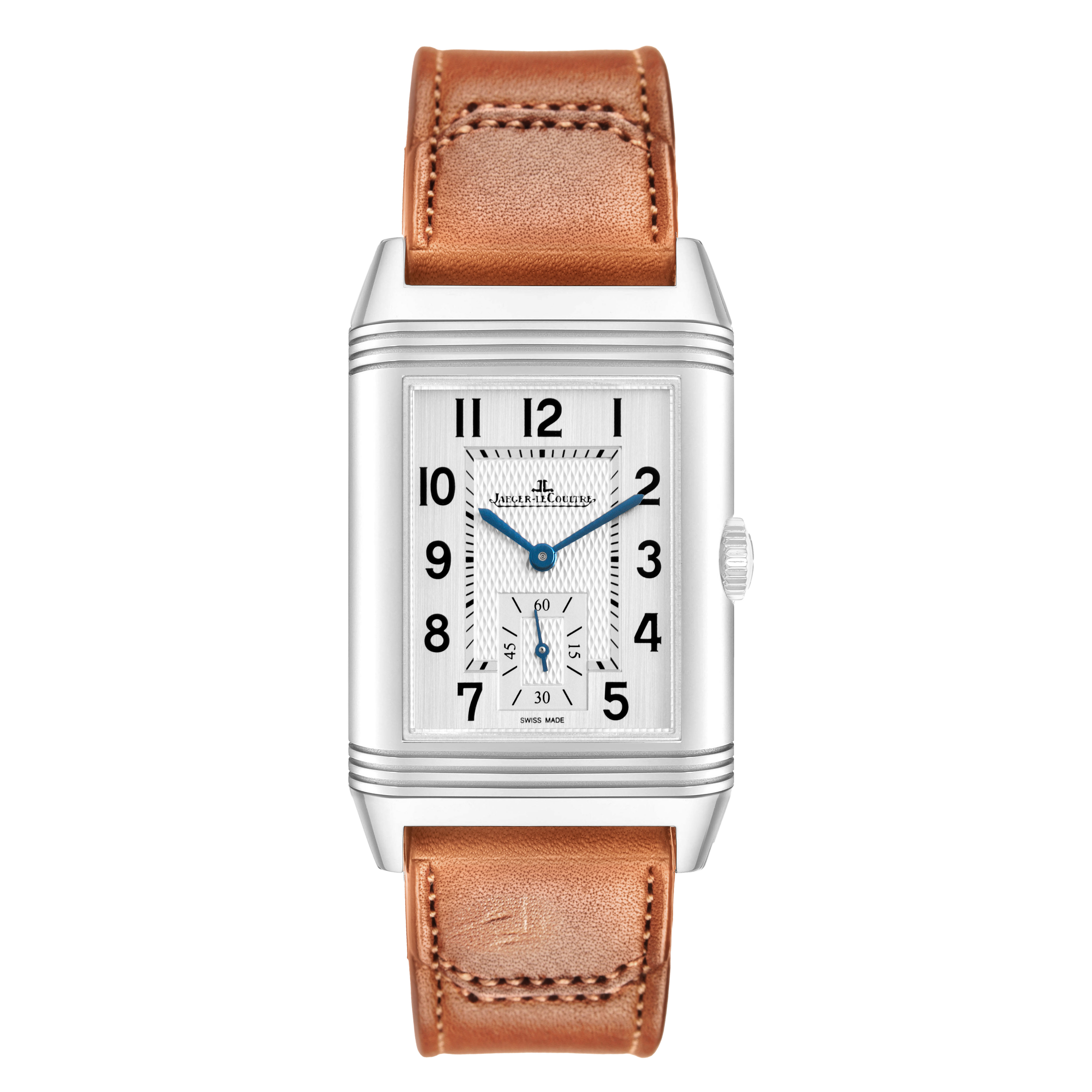 The image shows a frontal view of a Jaeger LeCoultre Reverso Q3848420 / 213.8.D4 Men's Stainless Steel Silver Dial watch, highlighting the dial and leather strap.