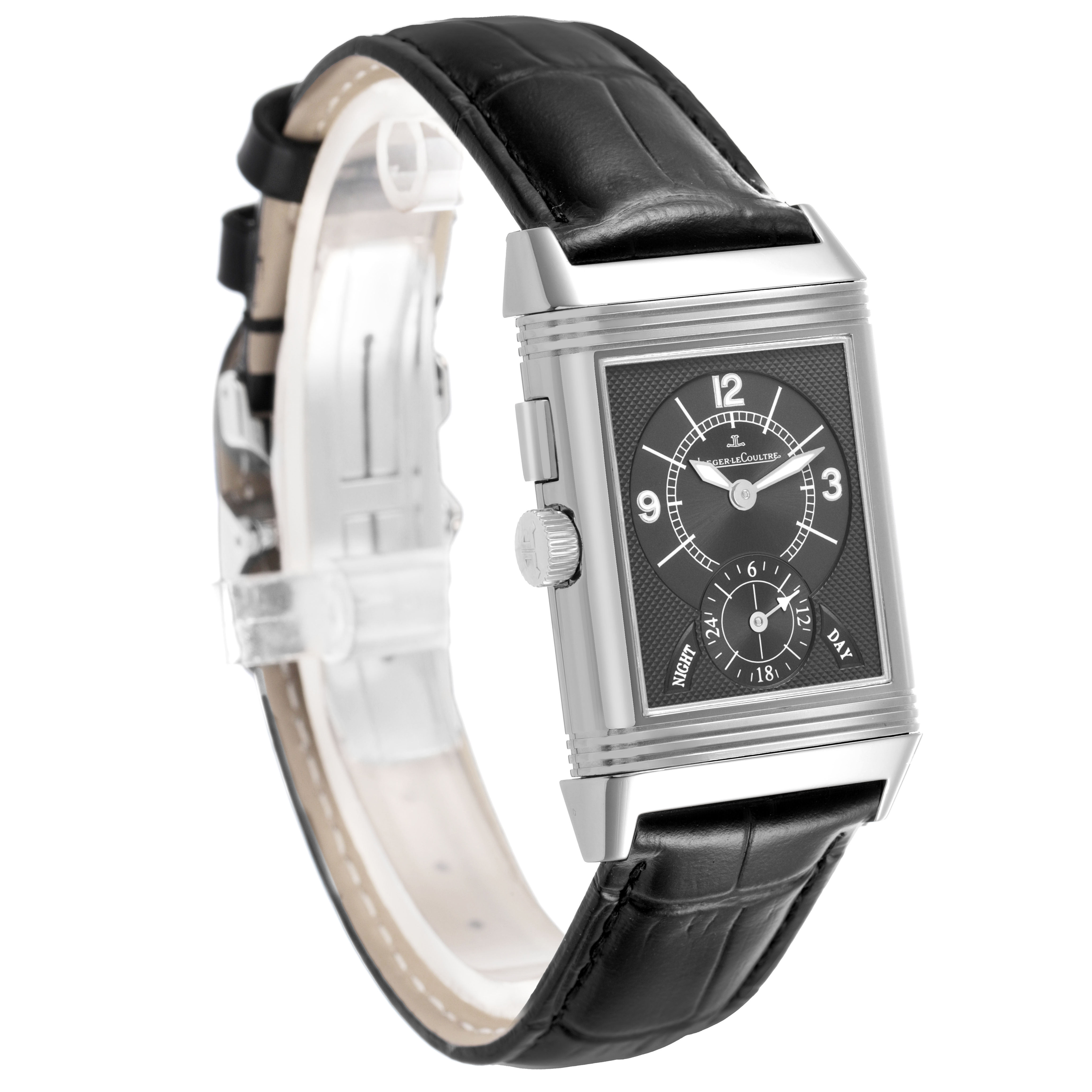 The Jaeger LeCoultre Reverso Q2718410 Men's Stainless Steel Silver Dial watch is shown at an angled side view displaying the face, case, crown, and leather strap.