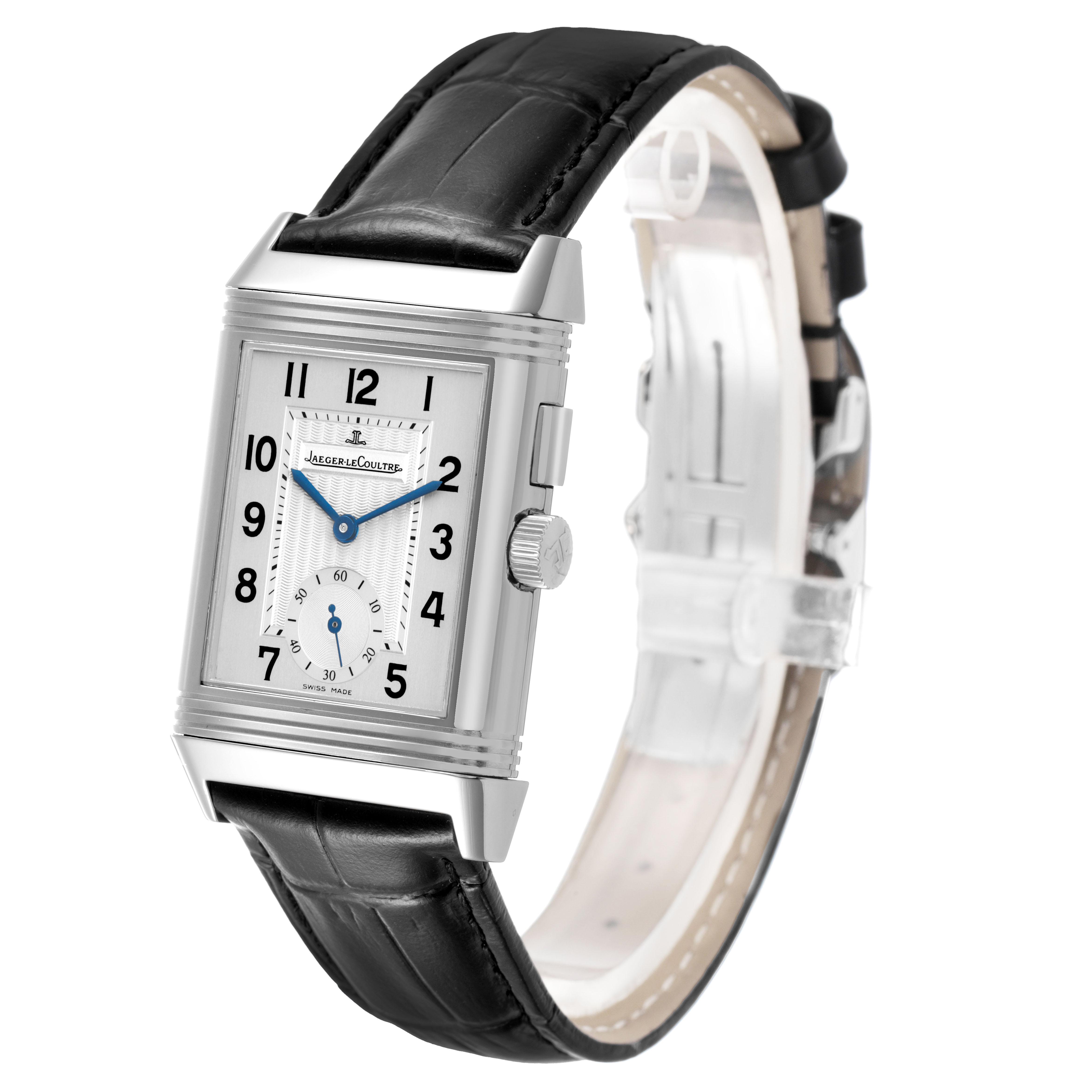 The Jaeger LeCoultre Reverso Q2718410 Men's Stainless Steel Silver Dial watch is shown at an angled side view, highlighting the rectangular face, crown, and leather strap.