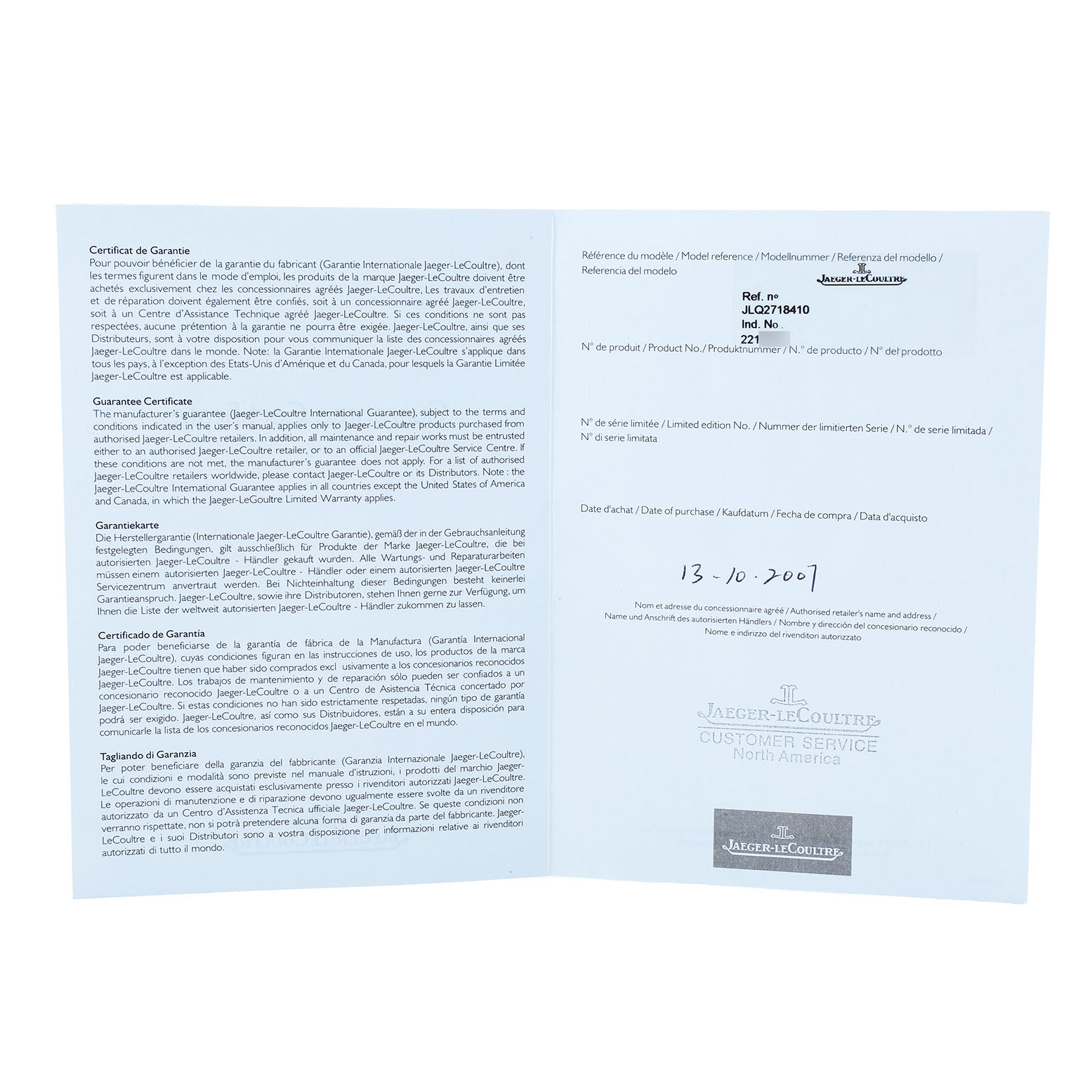 The image shows an open warranty booklet for the Jaeger-LeCoultre Reverso, displaying information in multiple languages.