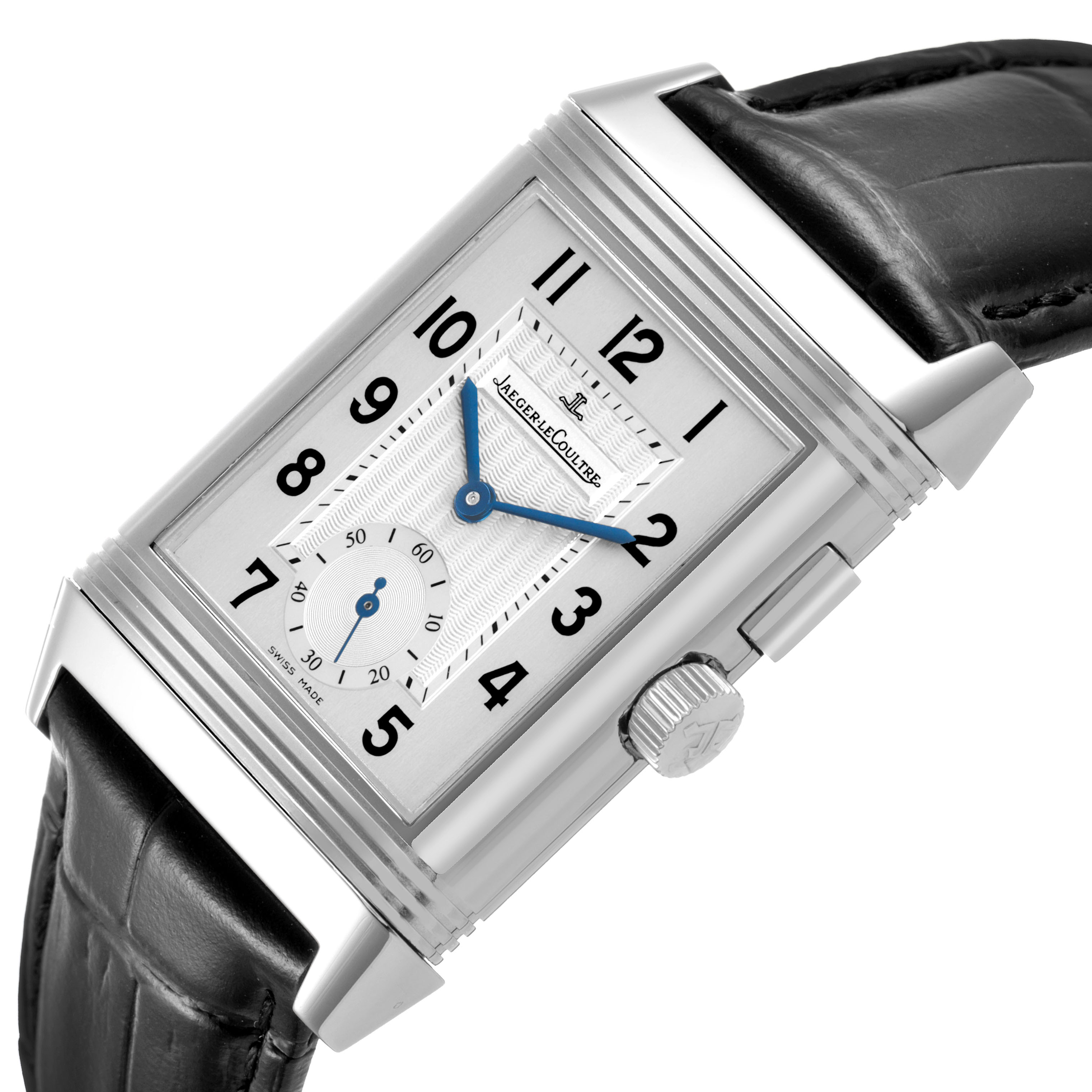 The Jaeger LeCoultre Reverso Q2718410 Men's Stainless Steel Silver Dial watch is shown at an angled view with the dial, crown, and part of the strap visible.