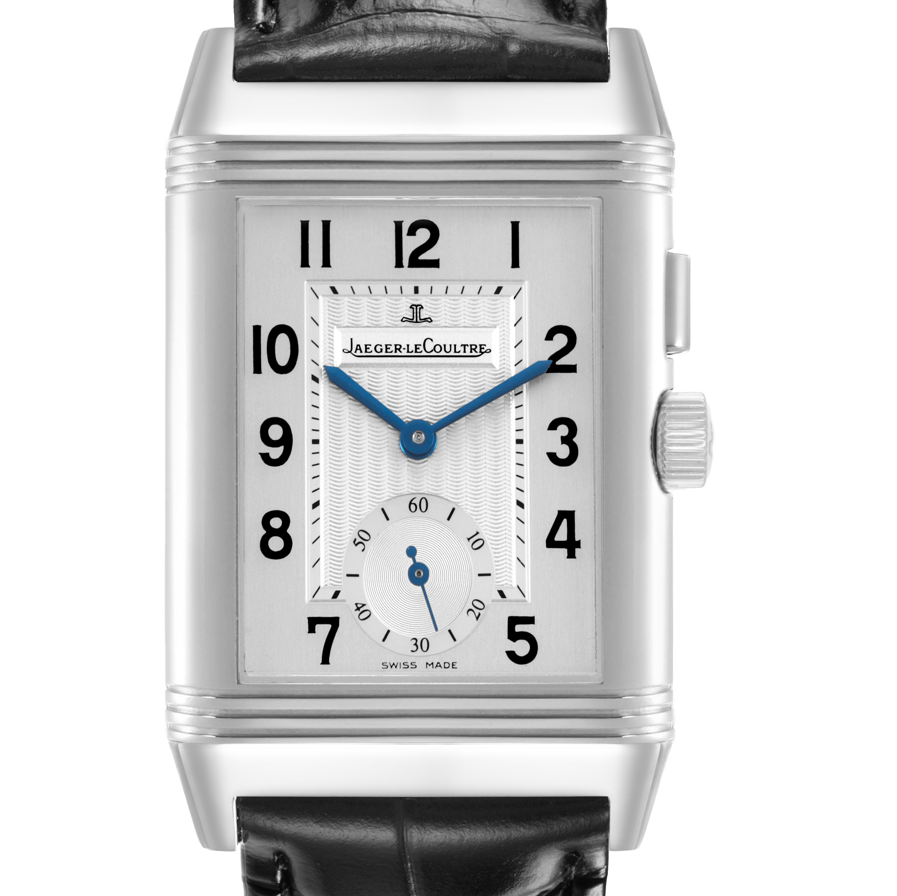 The Jaeger-LeCoultre Reverso watch is shown from a front angle, displaying its rectangular dial with blue hands and a visible crown.