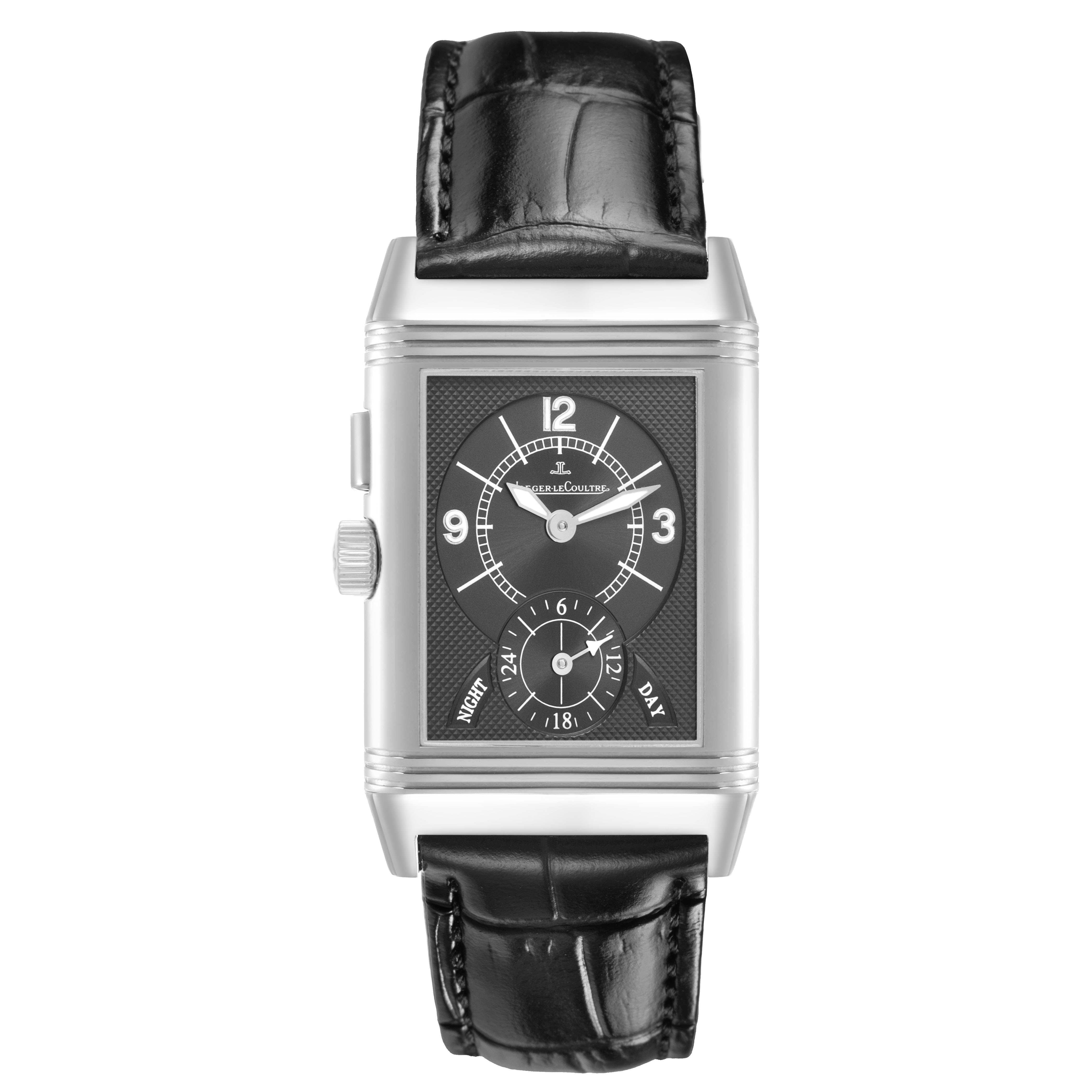 The Jaeger-LeCoultre Reverso model is shown from a front angle, highlighting its rectangular face and leather strap.